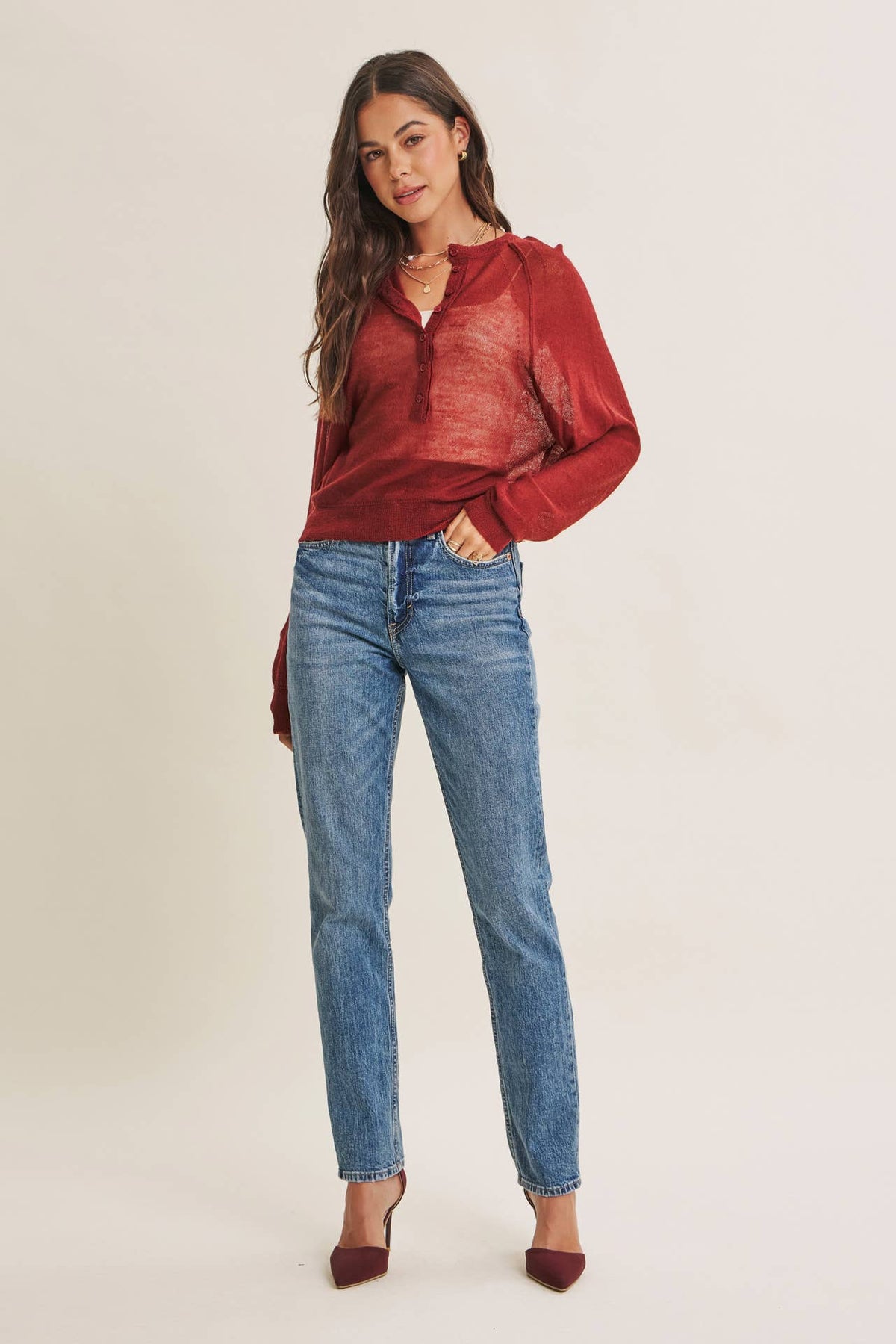 MORNING LAYER AIRY WOOL BLEND SHEER HENLEY SWEATER TOP