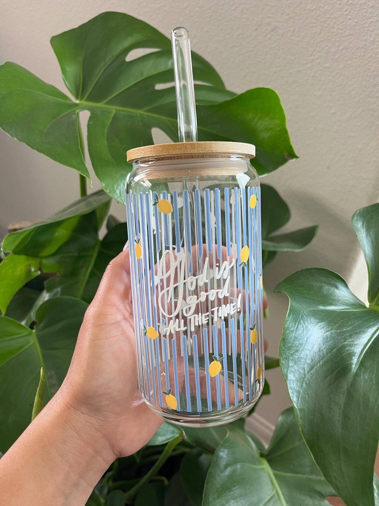Christian Glass Cup with Bible Verse and Straw Lid