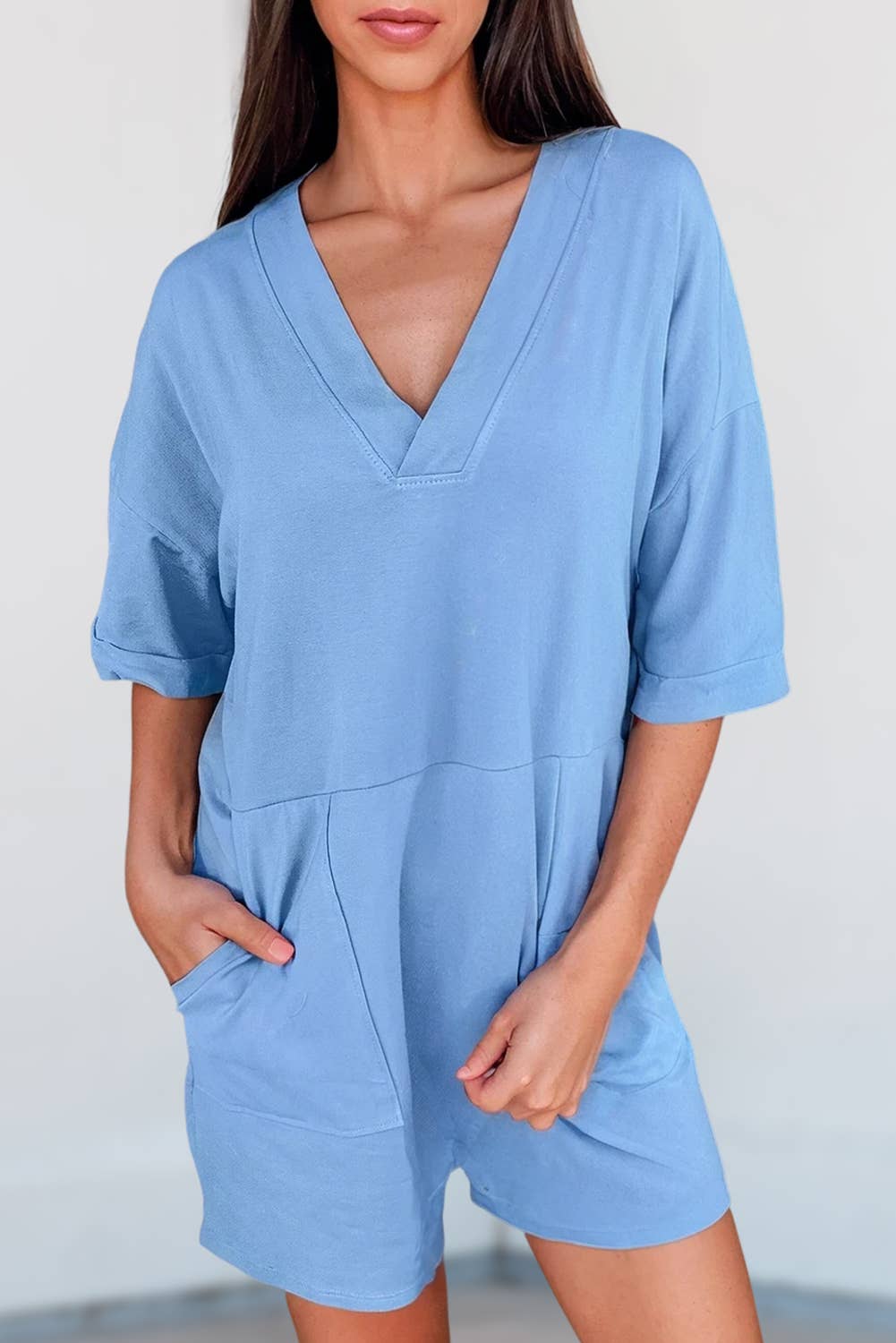 Solid Half Sleeve V Neck Knit Casual Romper | S-XL