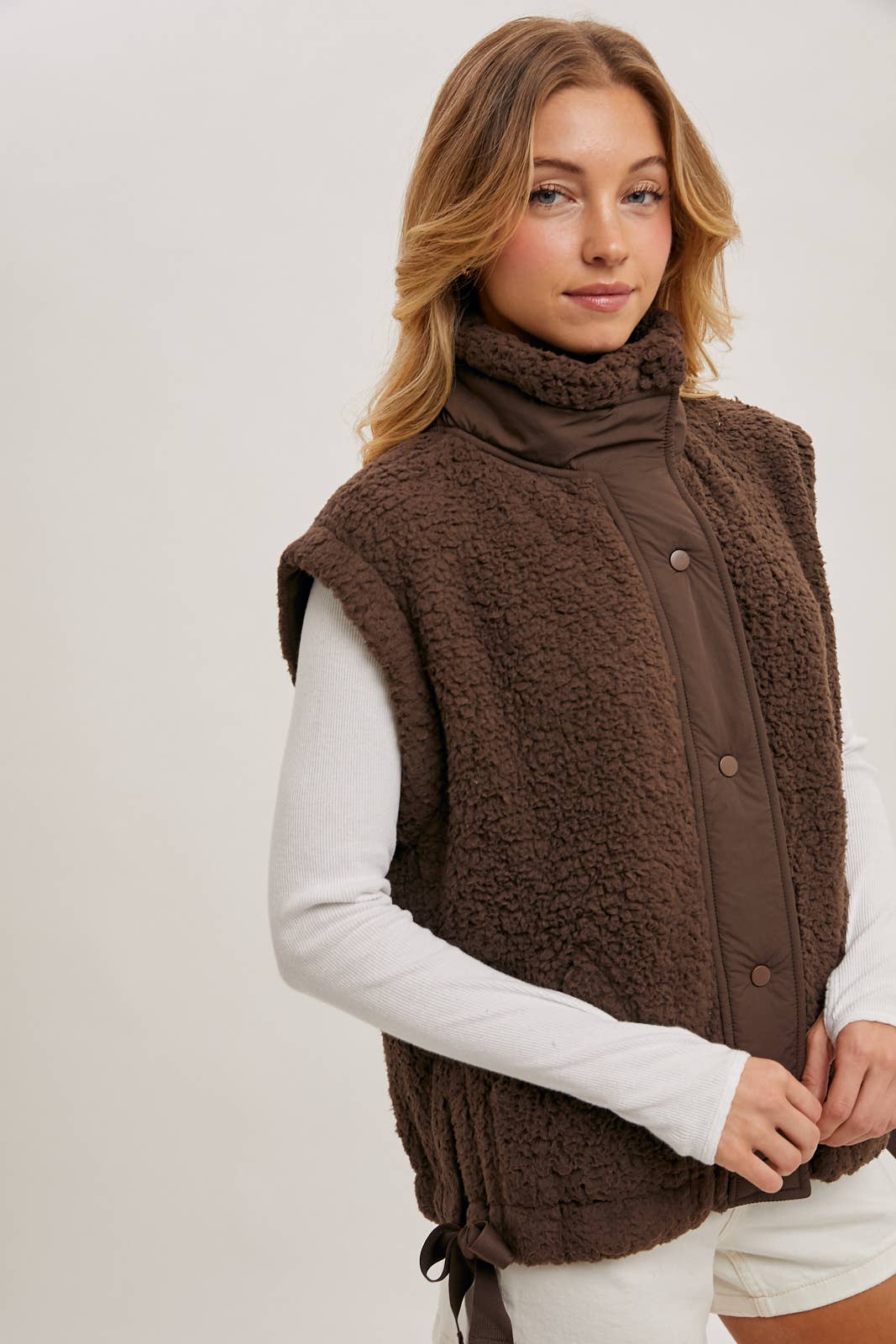 BUTTON DOWN MOCK NECK FLEECE SHERPA VEST
