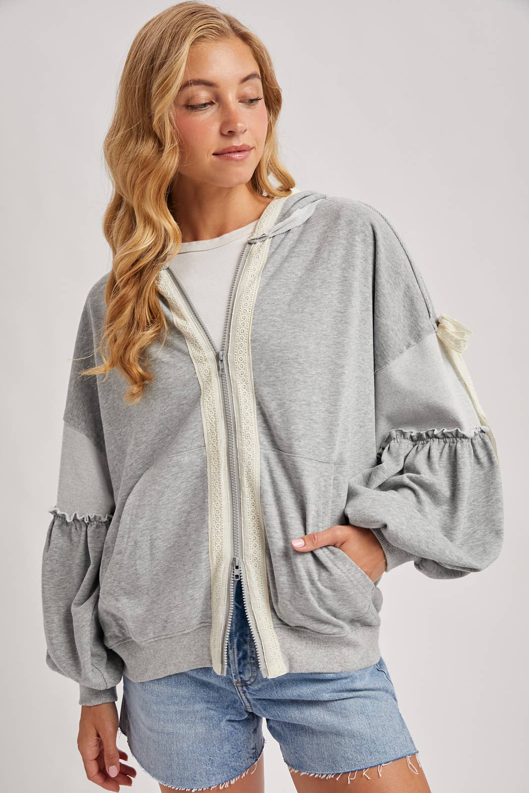 BALLOON SLEEVE LACE TRIMMED ZIPPER FRONT HOODIE OUTERWEAR