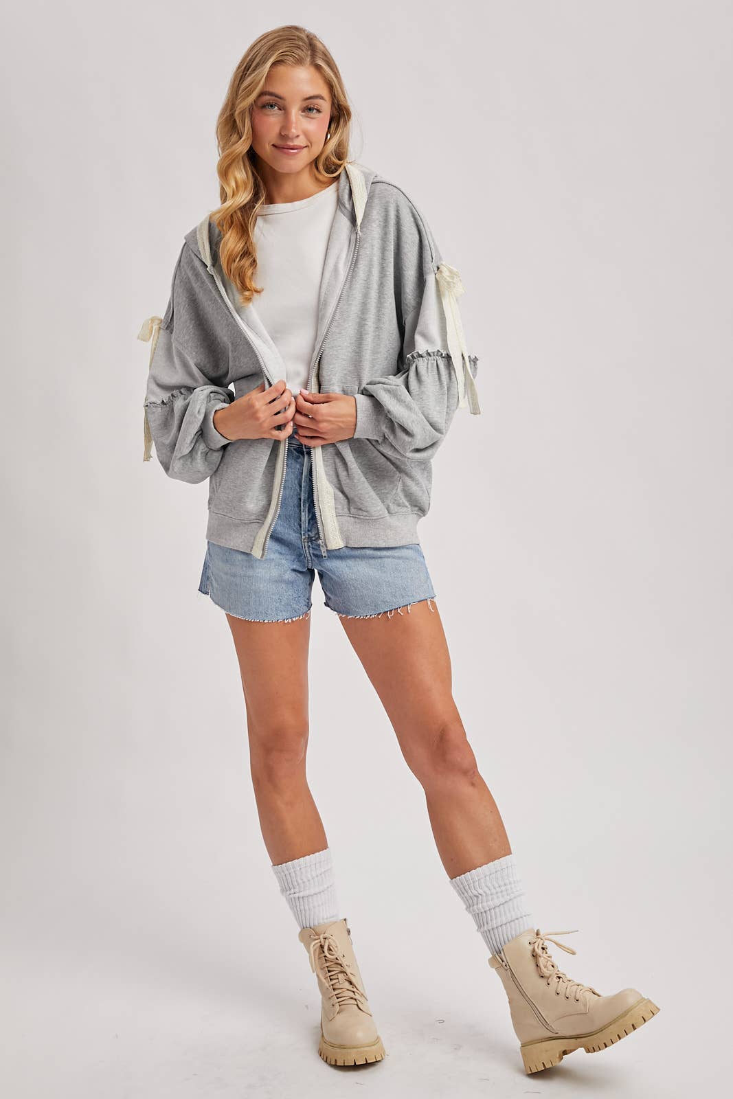 BALLOON SLEEVE LACE TRIMMED ZIPPER FRONT HOODIE OUTERWEAR