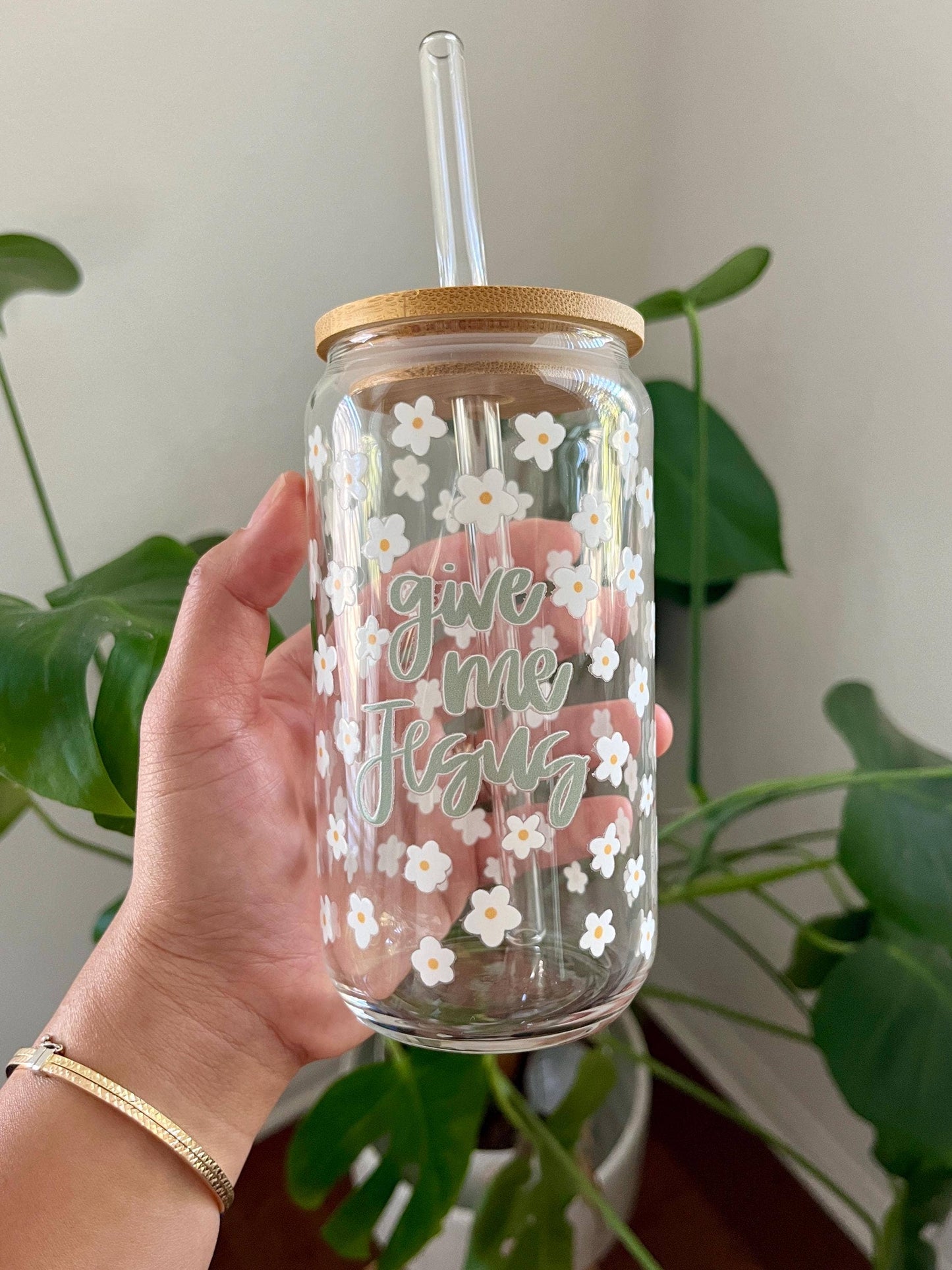 Give Me Jesus Christian Glass Cup with Bamboo Lid & Straw