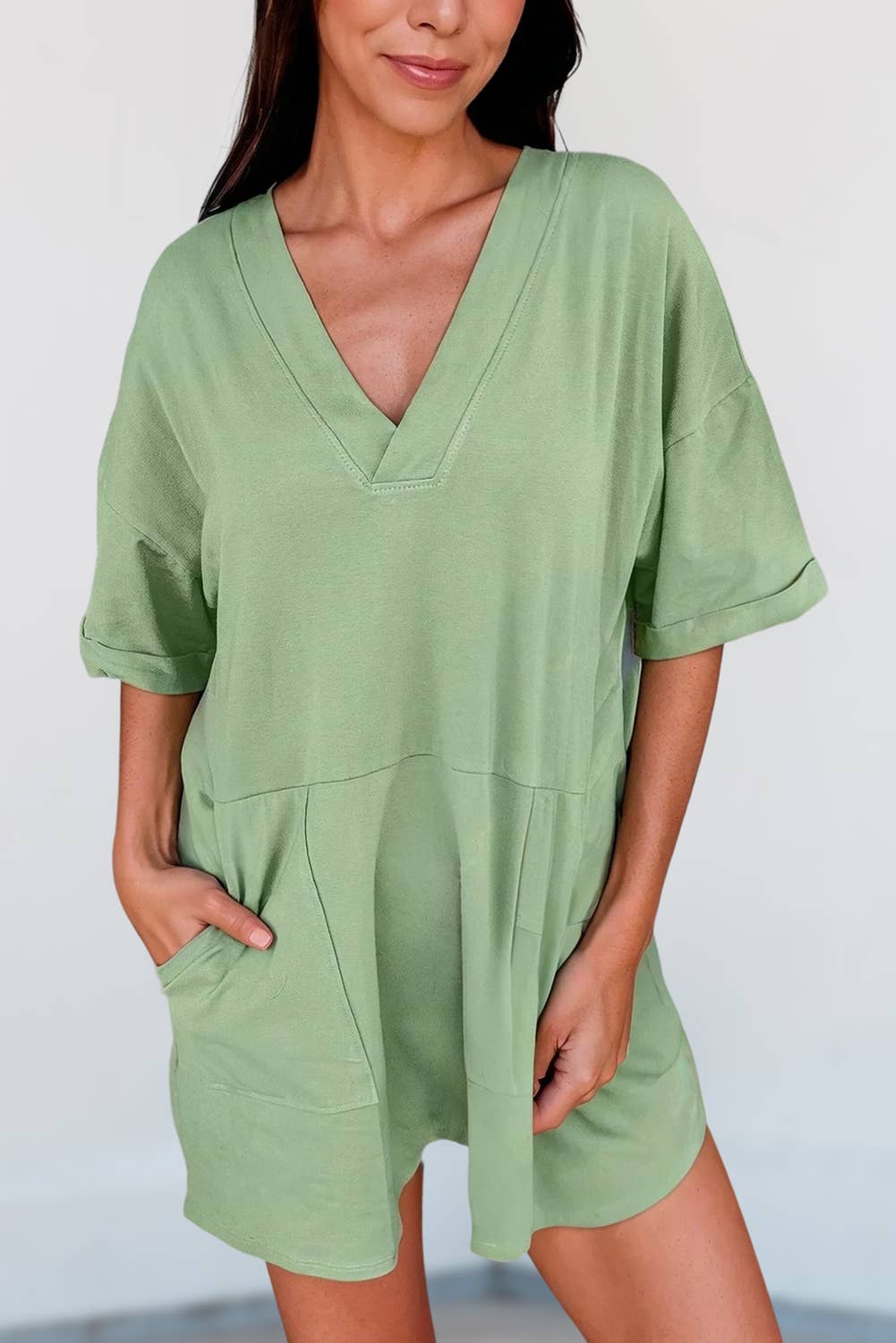 Solid Half Sleeve V Neck Knit Casual Romper | S-XL