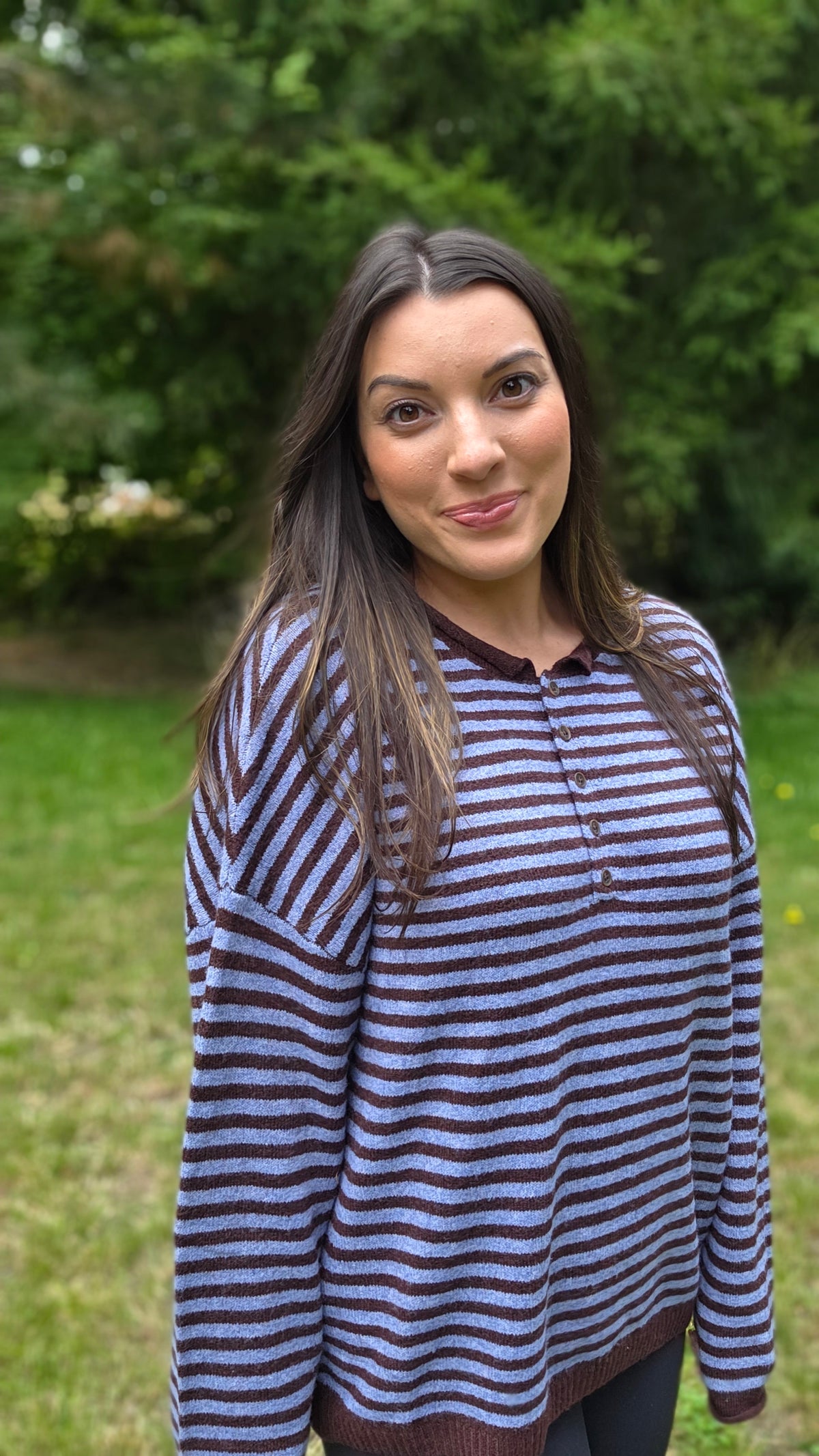 BUTTON HENLEY STRIPE LONG SLEEVE DROP SHOULDER SWEATER