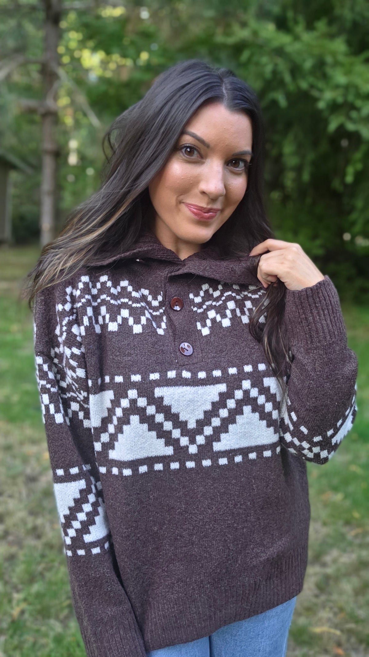 IT4921 GEOMETRIC FOLDOVER COLLAR WITH BUTTON PULLOVER SWEATE