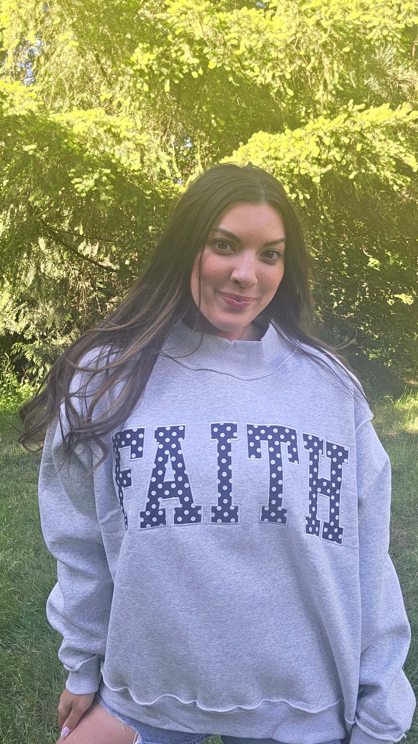 IT2594E-FAITH | Embroidered Polka-Dot Mock Neck Sweatshirt