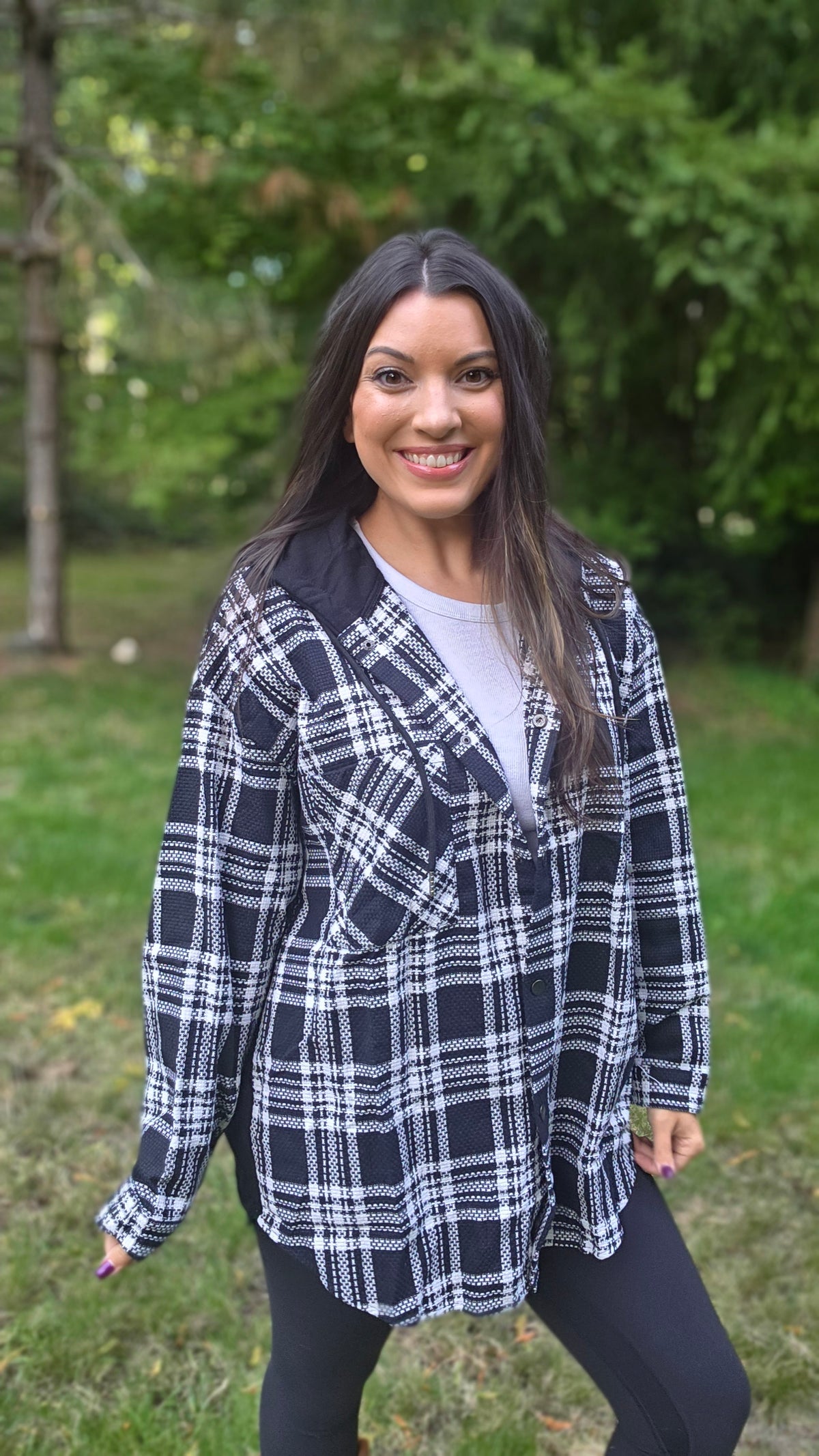 IJ1537 CONTRAST PLAID HOODED SHACKET