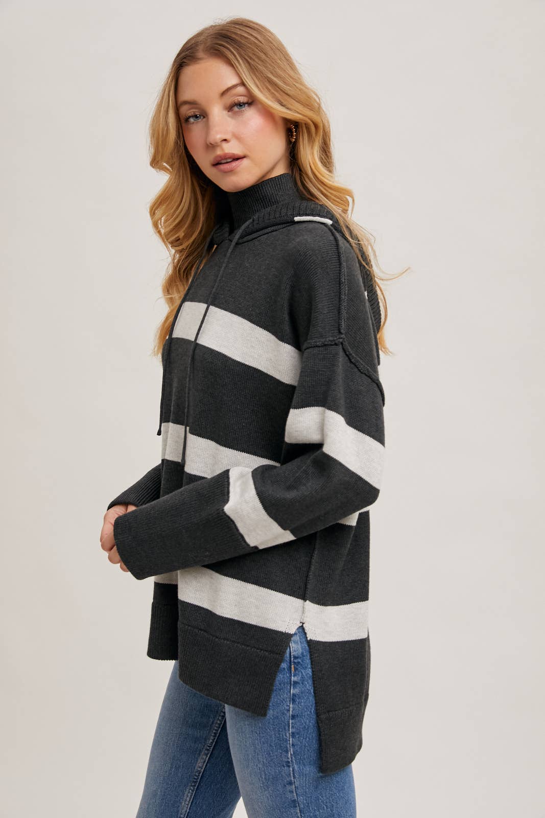 MOCK NECK STRIPED HOODED KNIT SWEATER