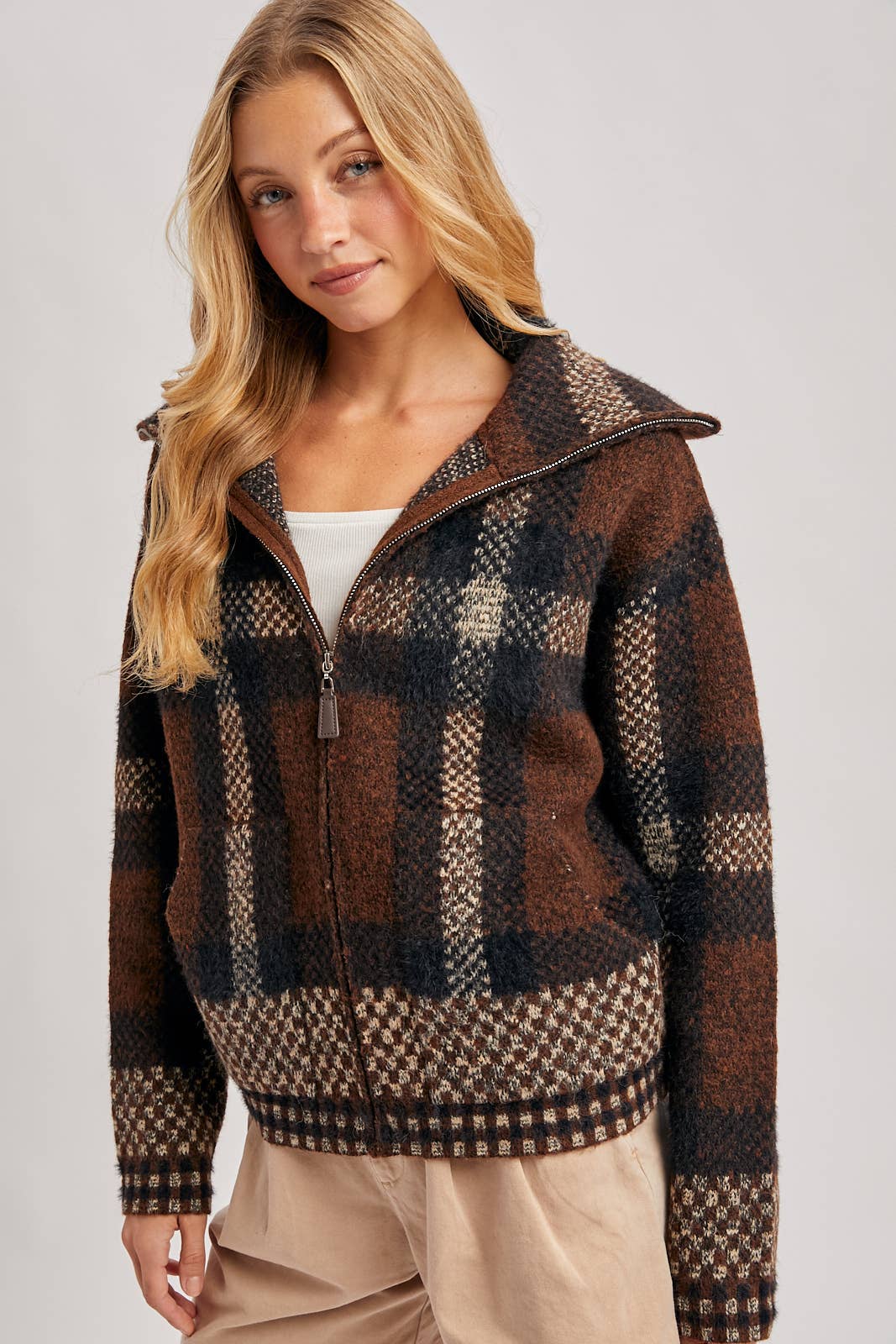 PLAID ZIPPER FRONT WIDE COLLAR FUZZY KNIT SWEATER JACKET