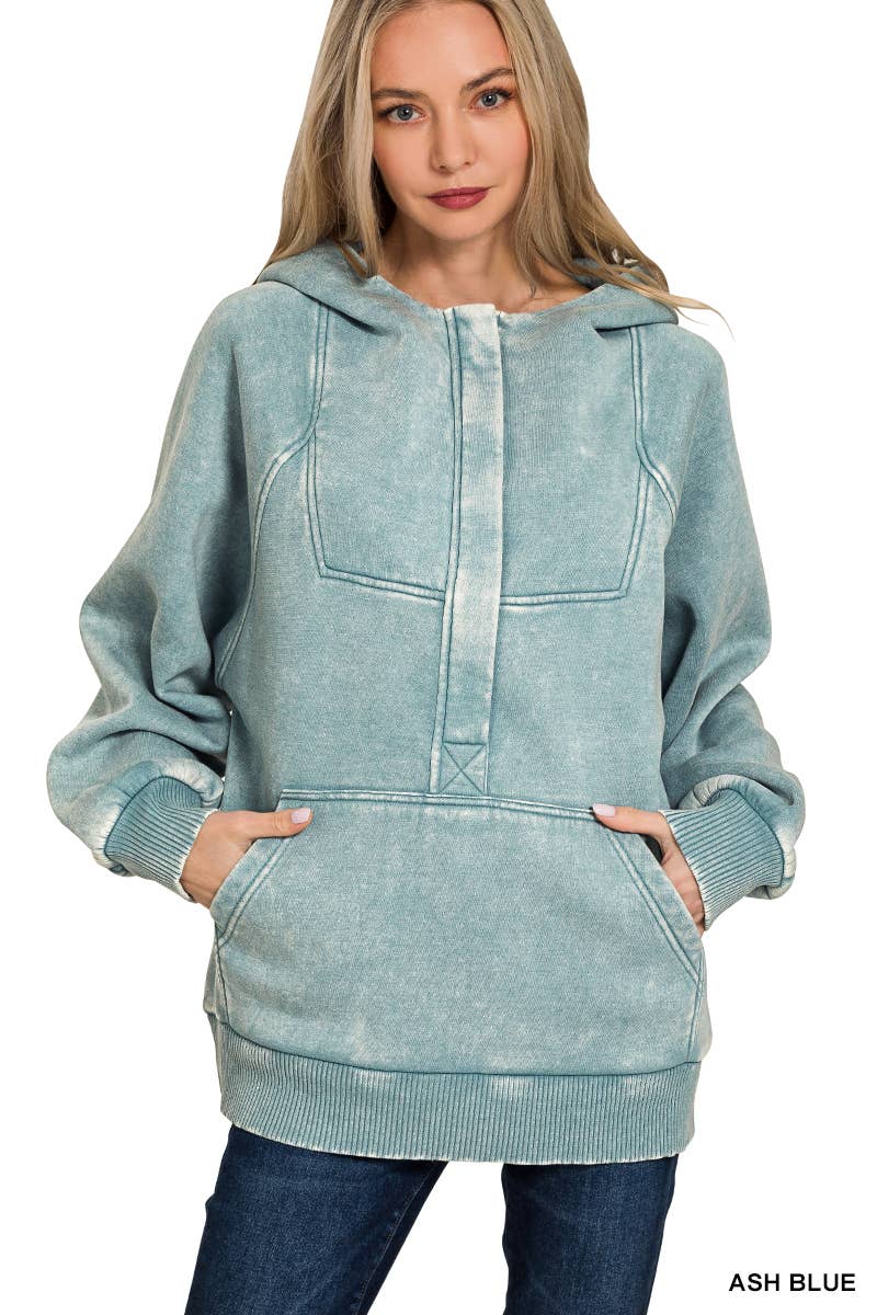 Acid Wash Fleece Oversized 1/4 Zip Kangaroo Hoodie