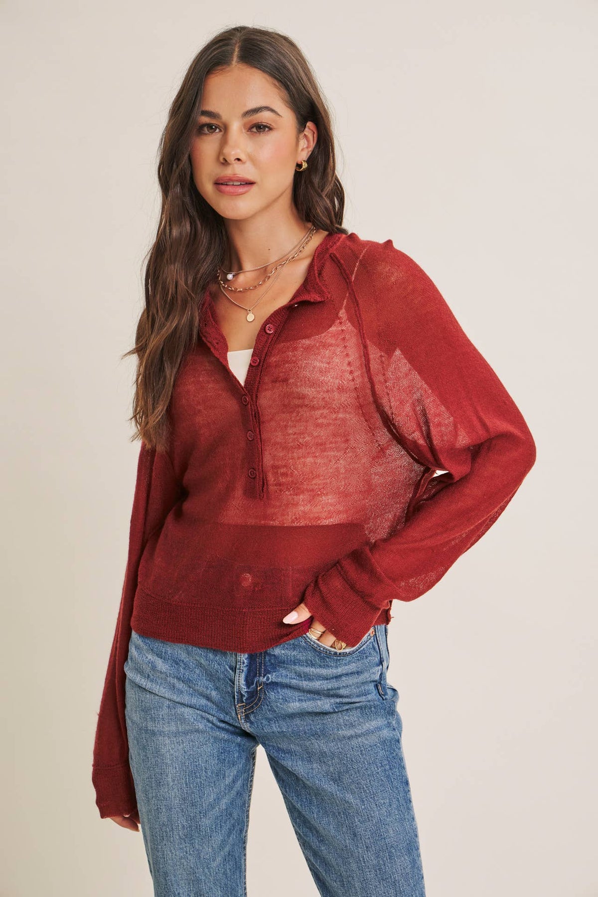 MORNING LAYER AIRY WOOL BLEND SHEER HENLEY SWEATER TOP