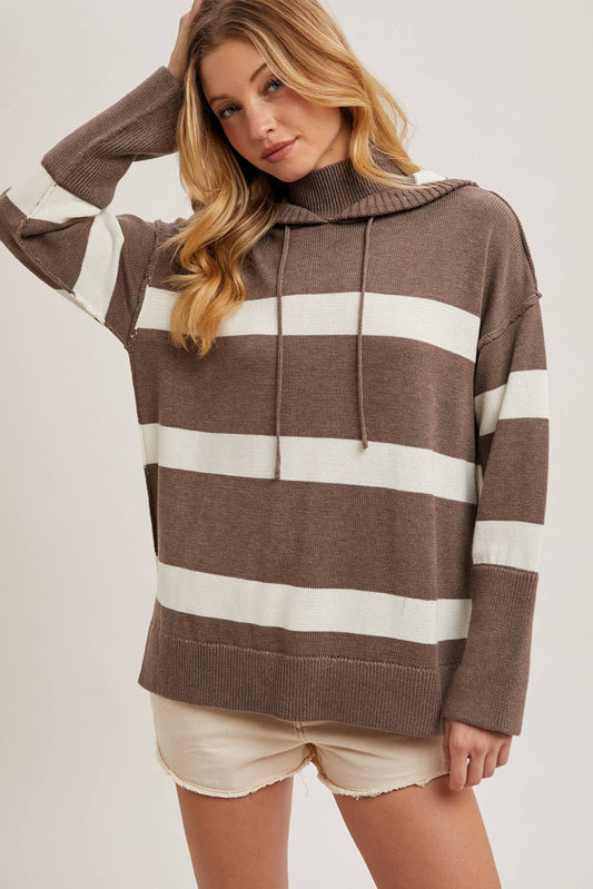 MOCK NECK STRIPED HOODED KNIT SWEATER