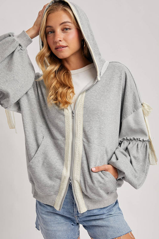BALLOON SLEEVE LACE TRIMMED ZIPPER FRONT HOODIE OUTERWEAR