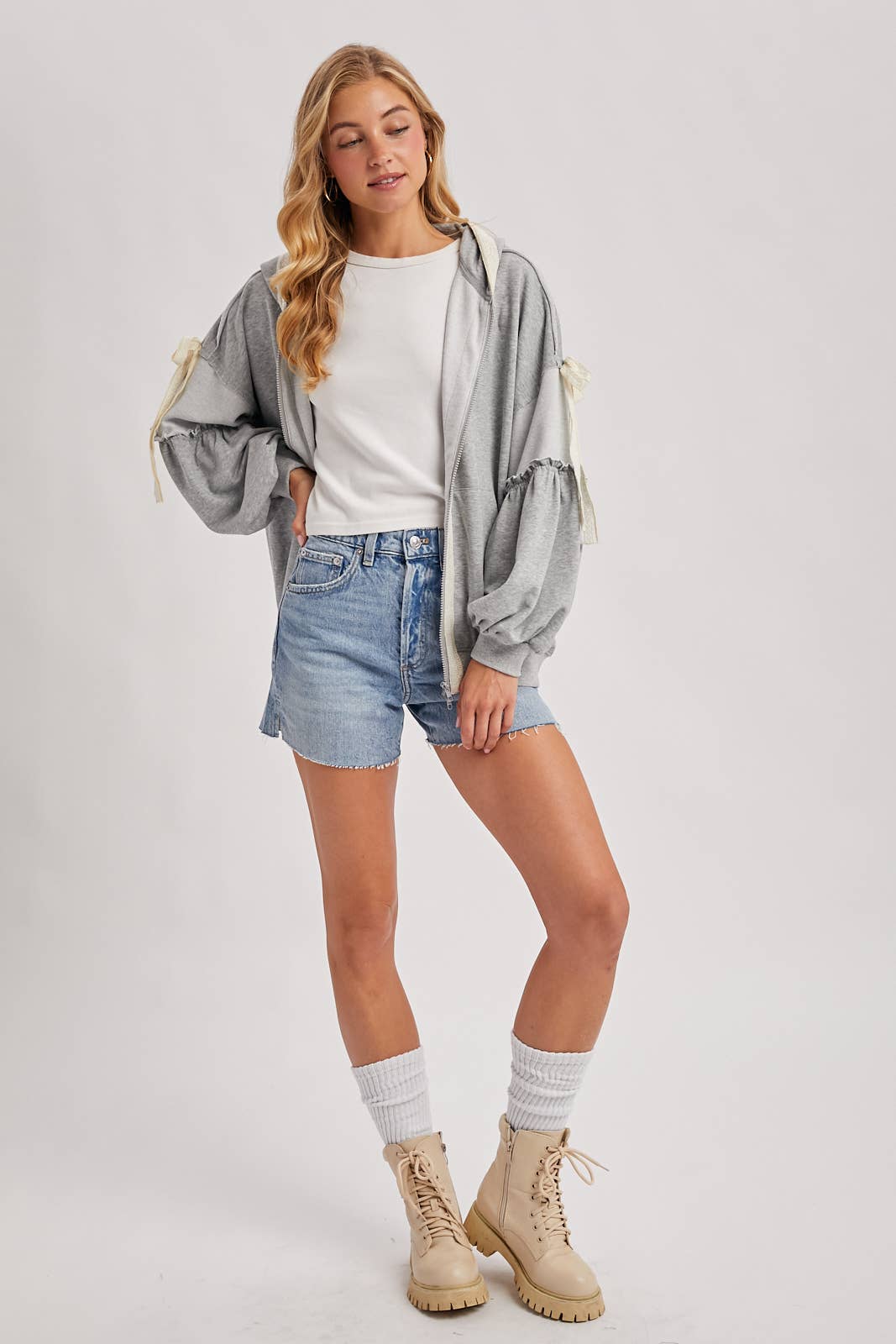 BALLOON SLEEVE LACE TRIMMED ZIPPER FRONT HOODIE OUTERWEAR
