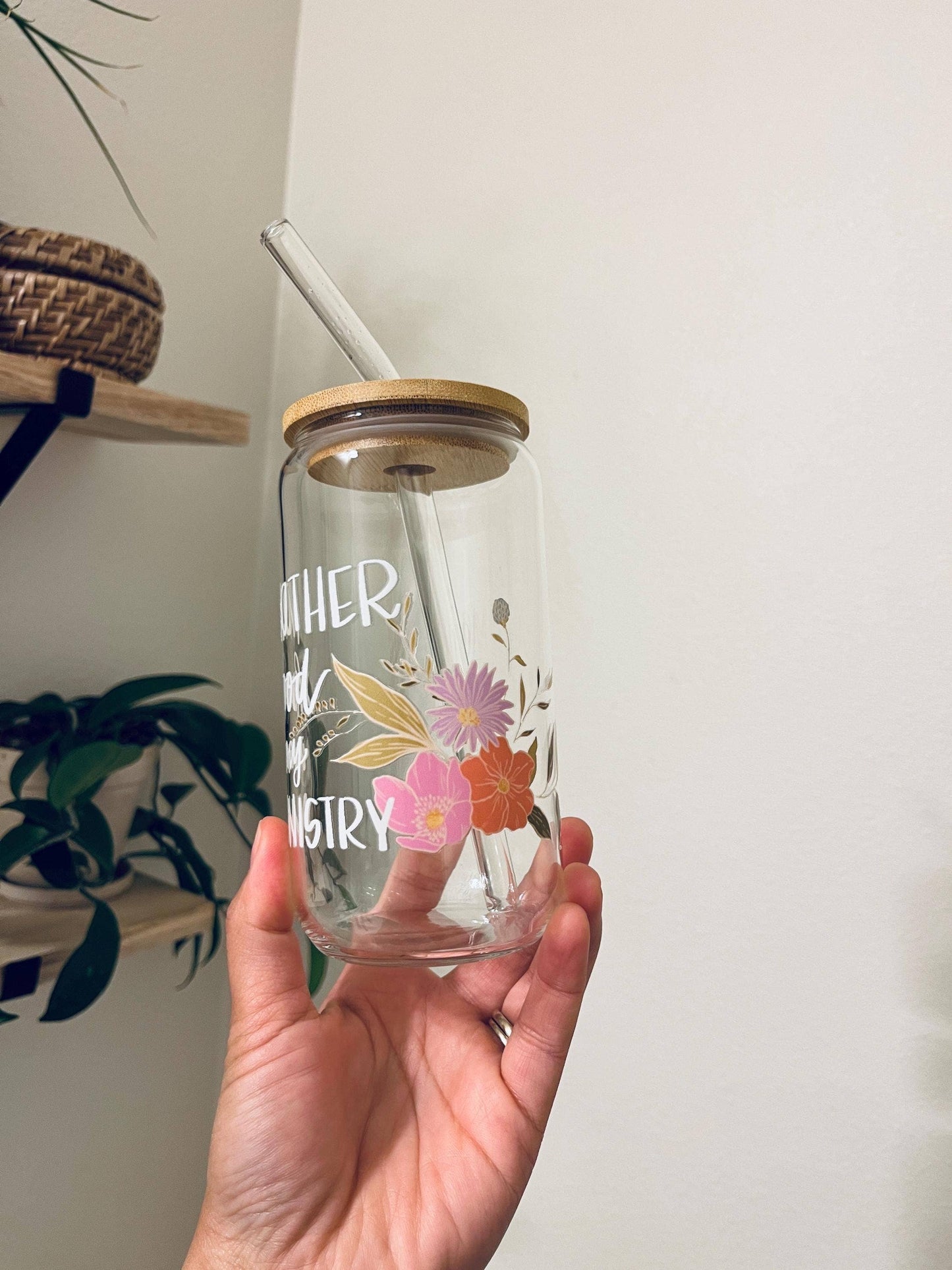Motherhood is my Ministry Christian Glass Cup Lid & Straw
