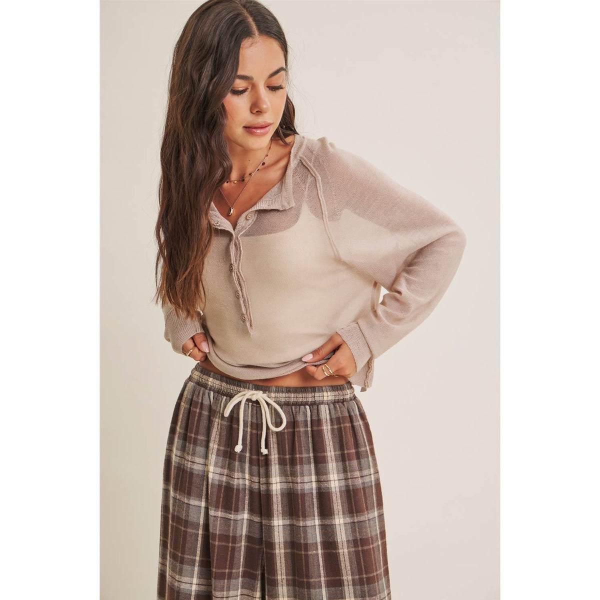 MORNING LAYER AIRY WOOL BLEND SHEER HENLEY SWEATER TOP