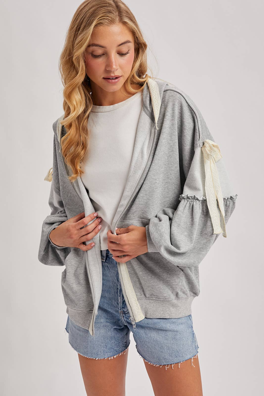 BALLOON SLEEVE LACE TRIMMED ZIPPER FRONT HOODIE OUTERWEAR