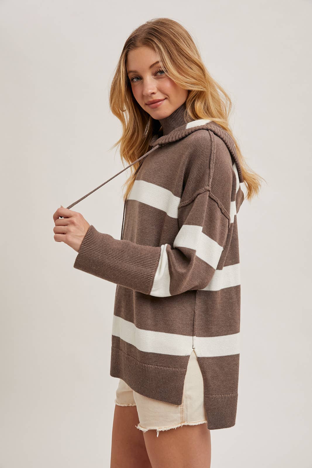 MOCK NECK STRIPED HOODED KNIT SWEATER