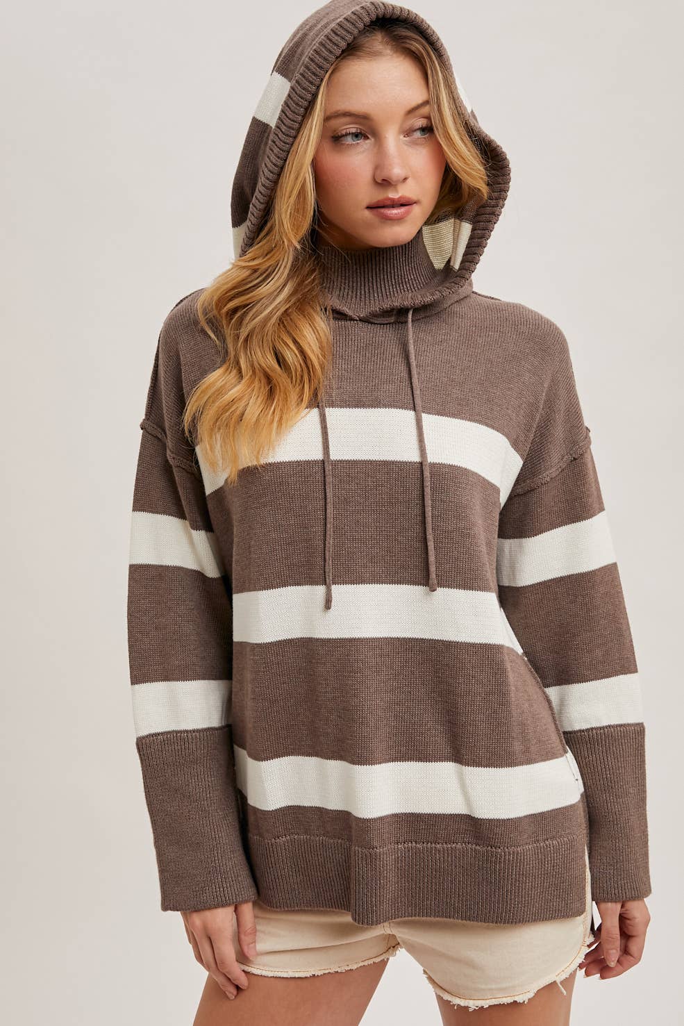 MOCK NECK STRIPED HOODED KNIT SWEATER