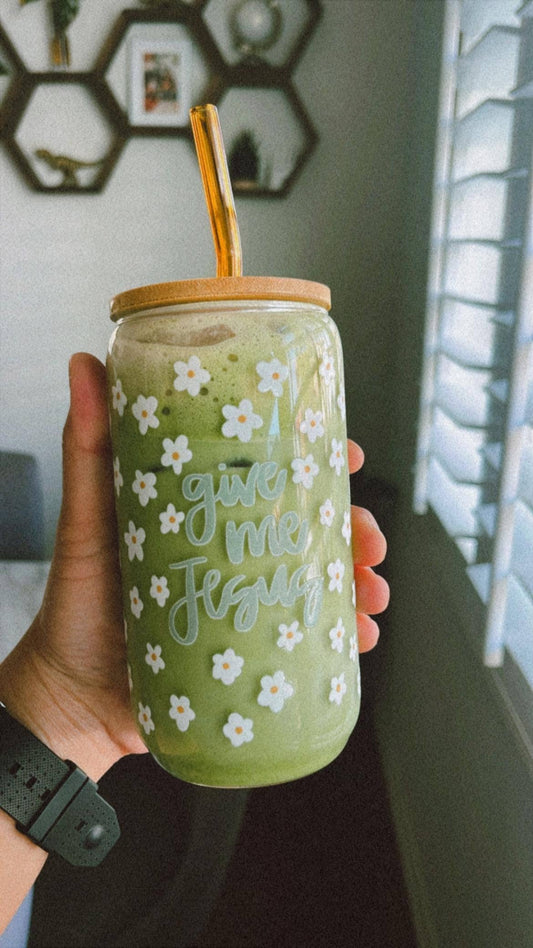Give Me Jesus Christian Glass Cup with Bamboo Lid & Straw