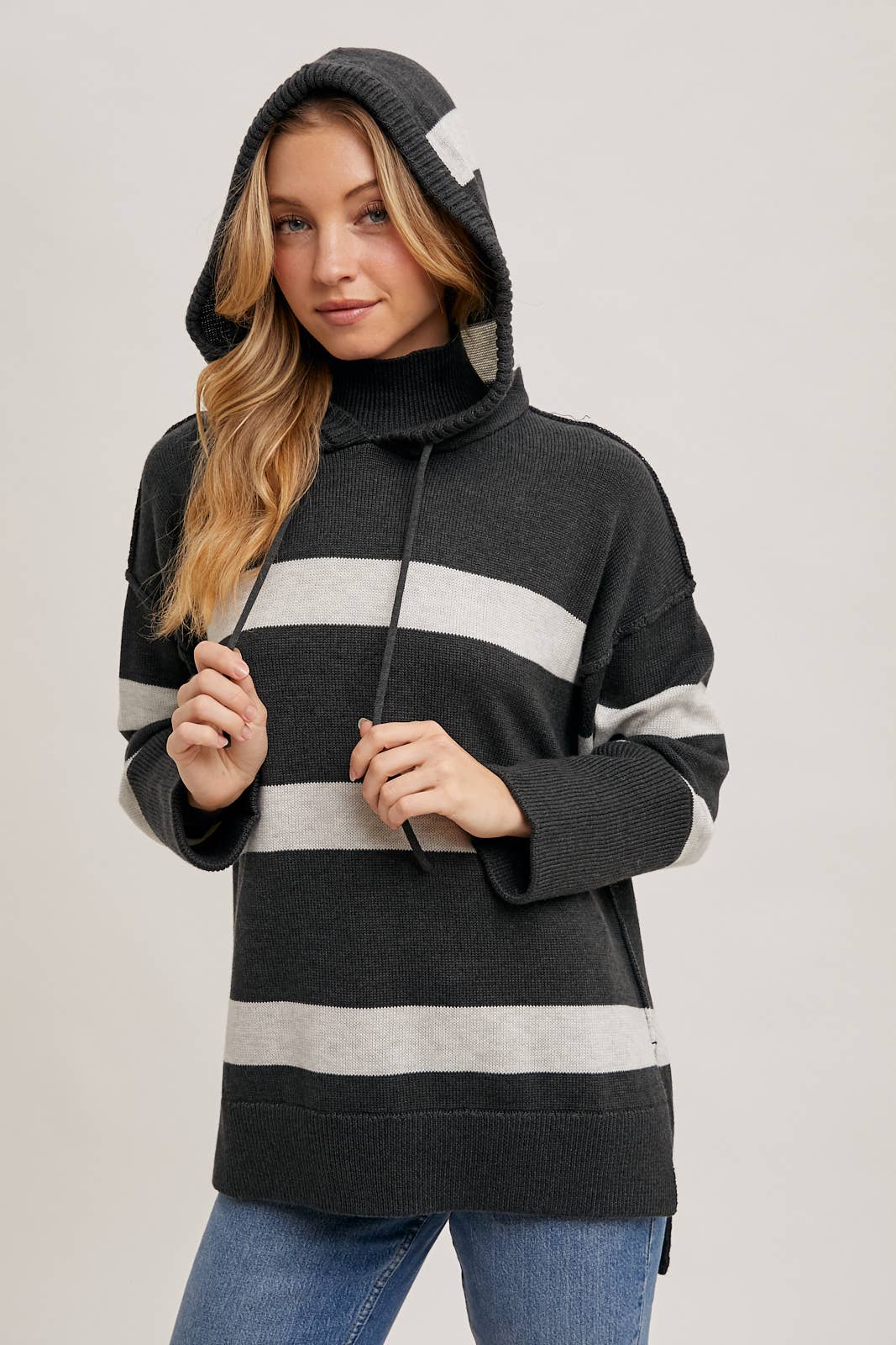MOCK NECK STRIPED HOODED KNIT SWEATER