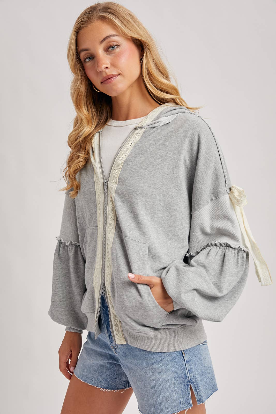 BALLOON SLEEVE LACE TRIMMED ZIPPER FRONT HOODIE OUTERWEAR
