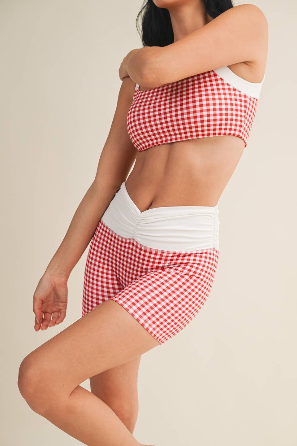 Gingham Print Ruched Waistband Biker Shorts