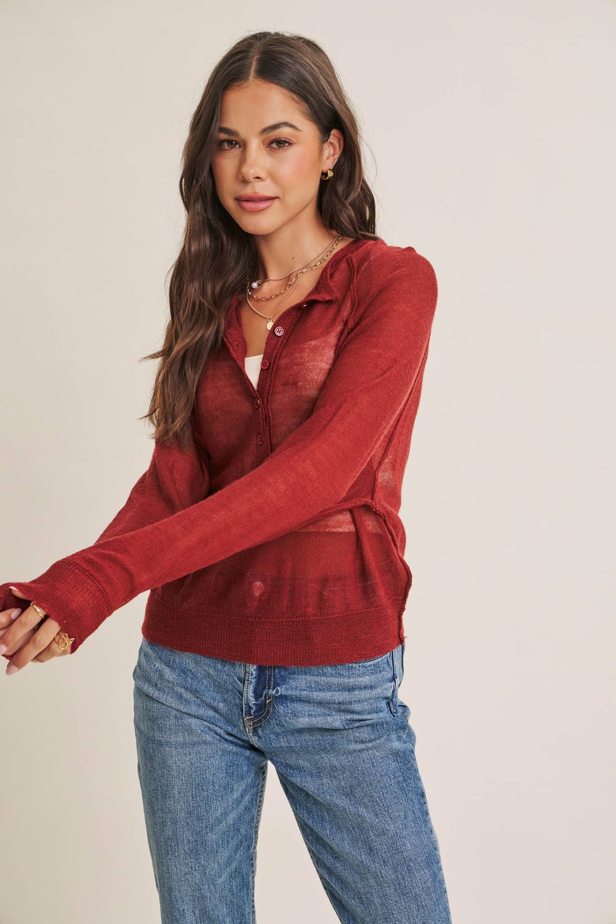 MORNING LAYER AIRY WOOL BLEND SHEER HENLEY SWEATER TOP