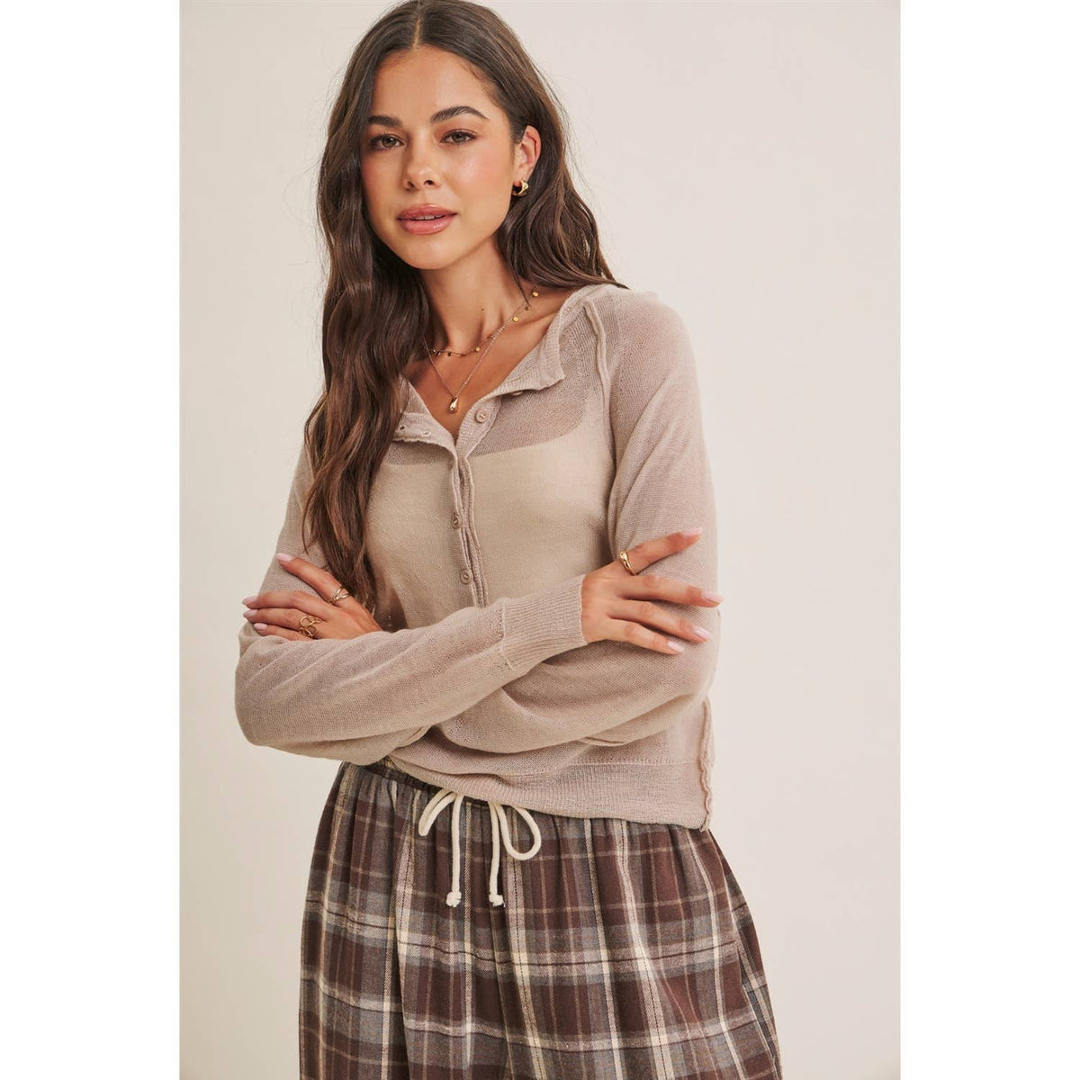 MORNING LAYER AIRY WOOL BLEND SHEER HENLEY SWEATER TOP