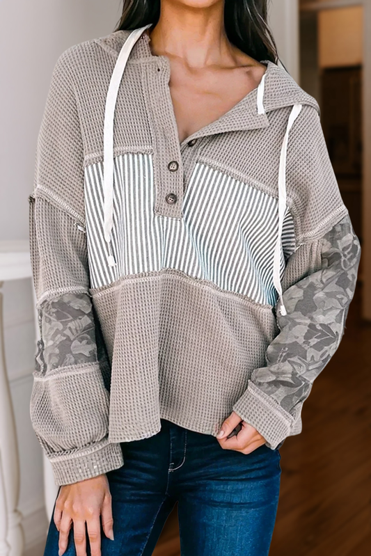 Waffle Striped & Abstract Print Buttoned Front Hoodie | S-4X