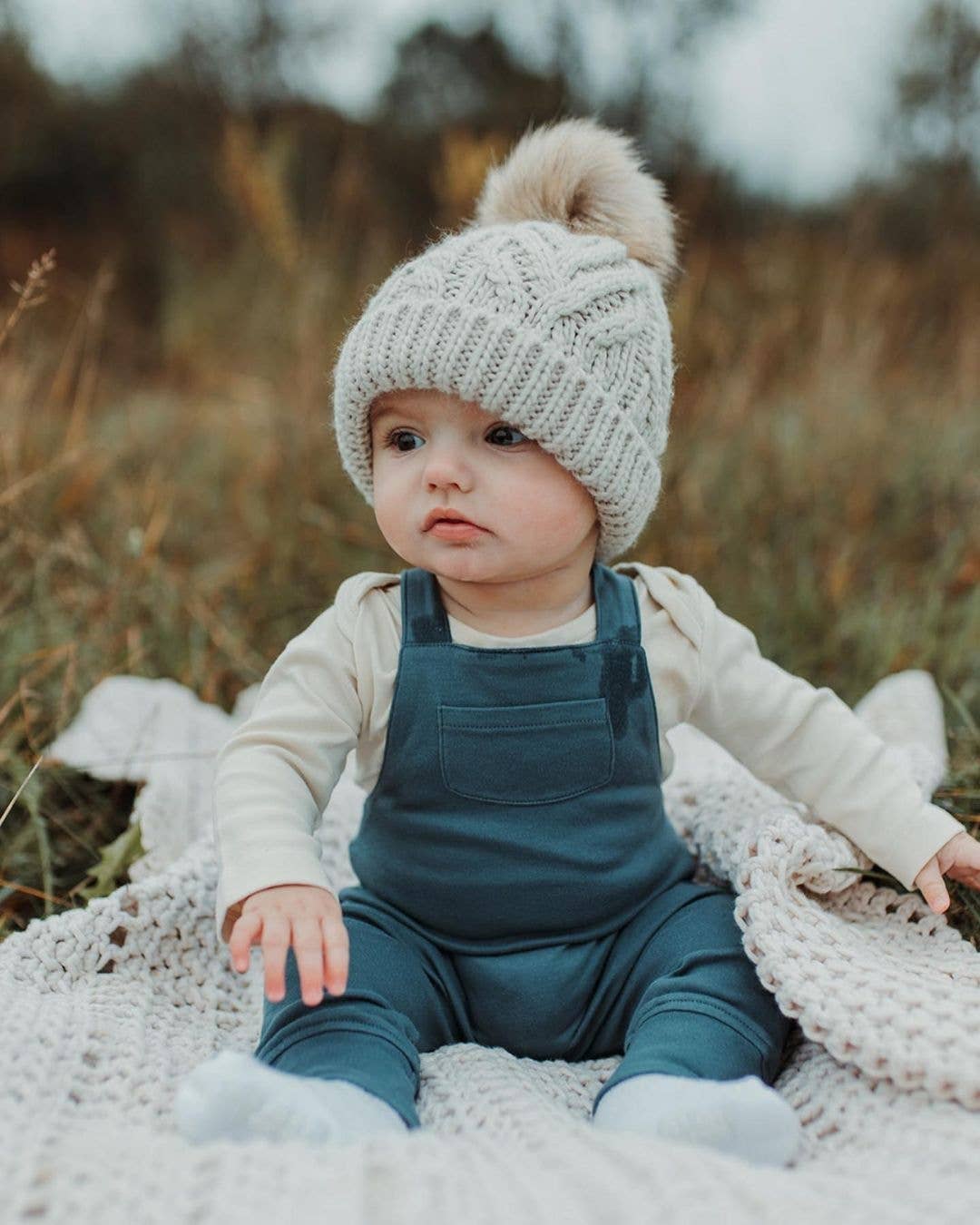 Oatmeal Pop Pom Pom Beanie Hat Baby & Kids