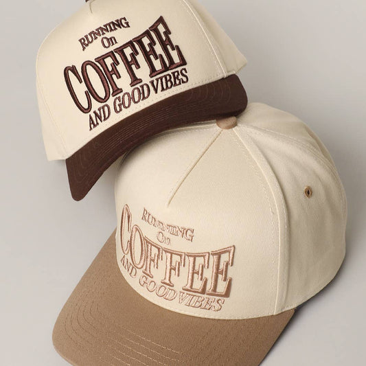 RUNNING ON COFFEE 3D Letter Embroidered Two-Tone Trucker Hat