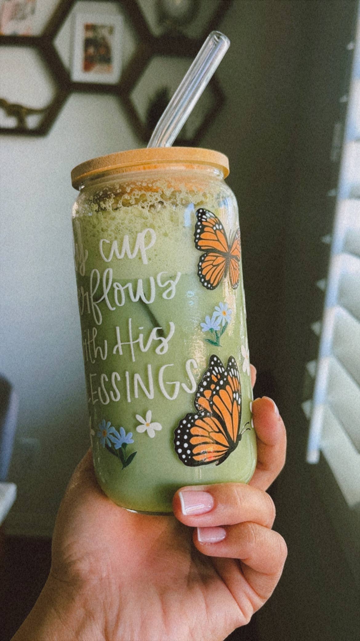Blessings Christian Glass Cup with Straw and Lid