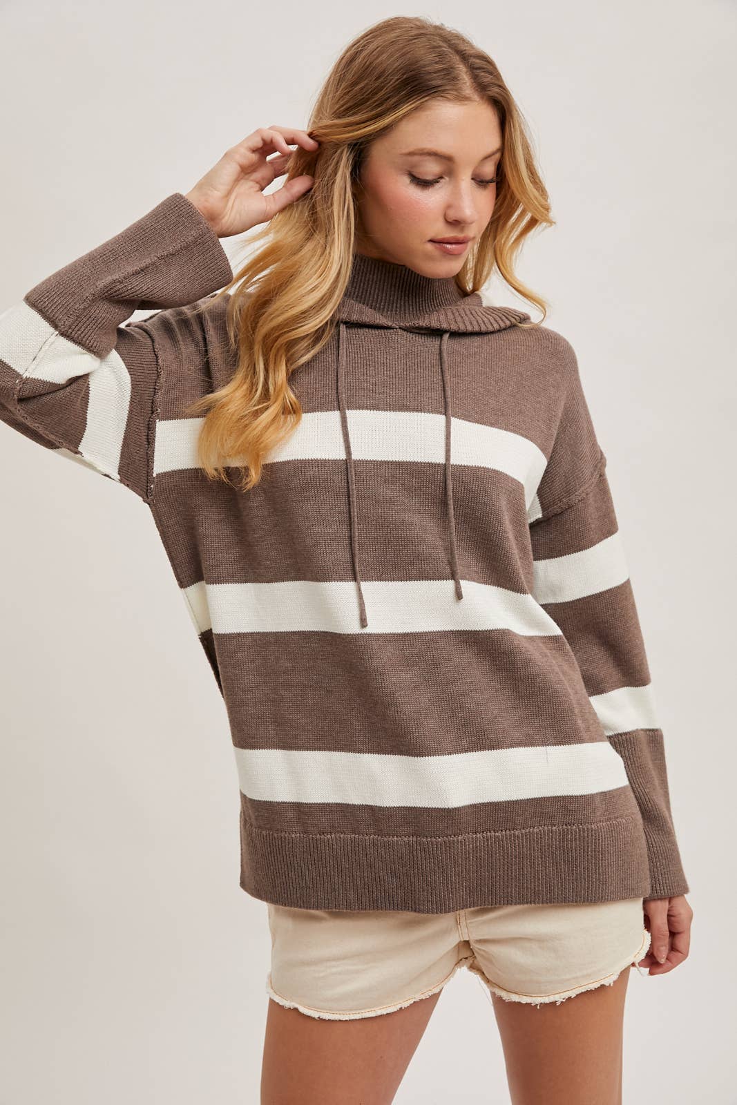 MOCK NECK STRIPED HOODED KNIT SWEATER