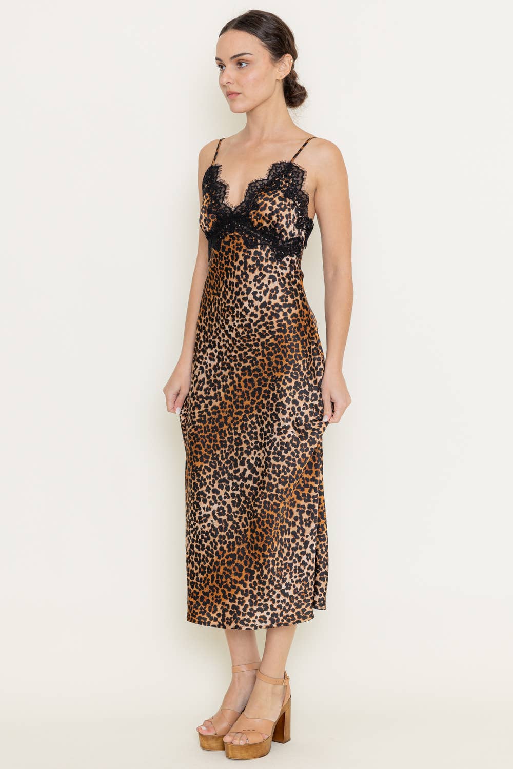 LEOPARD CHEETAH ANIMAL SATIN PRINT LACE MIDI DRESS-DI8840BFO