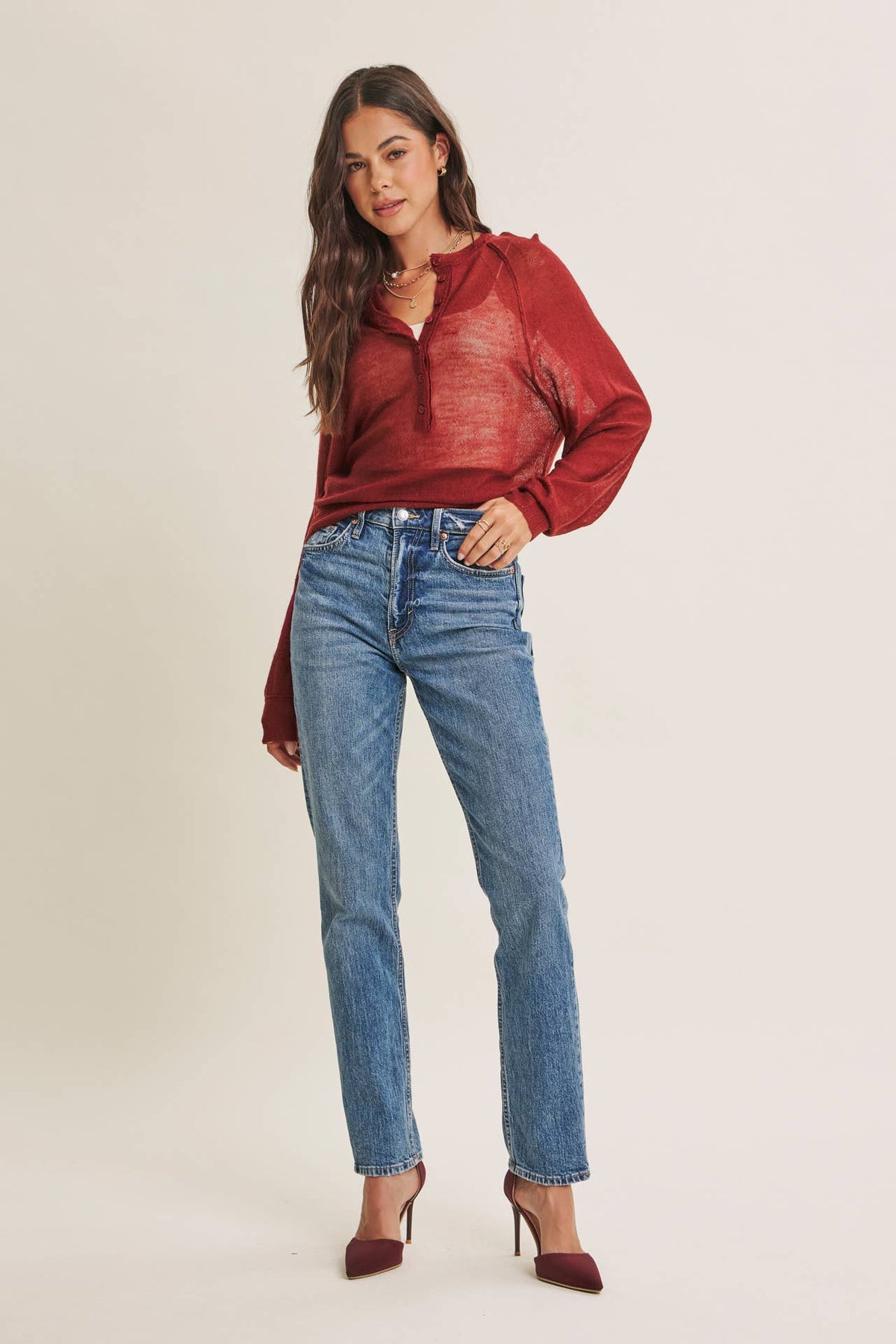 MORNING LAYER AIRY WOOL BLEND SHEER HENLEY SWEATER TOP