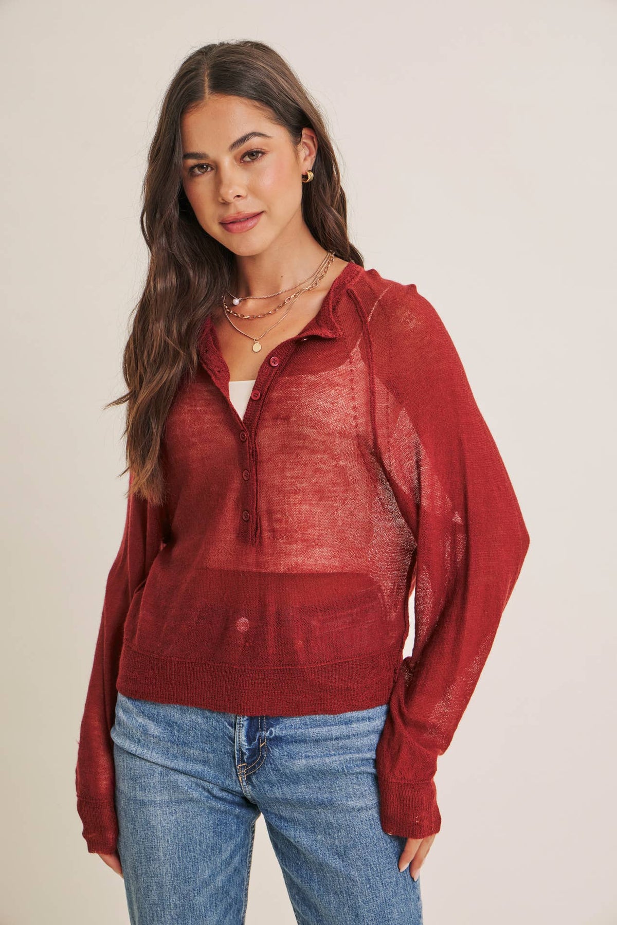 MORNING LAYER AIRY WOOL BLEND SHEER HENLEY SWEATER TOP