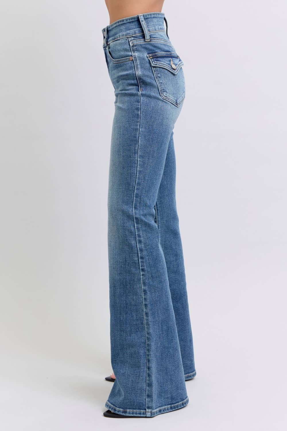 High Waisted Flare with Buttoned Black Flack Pockets