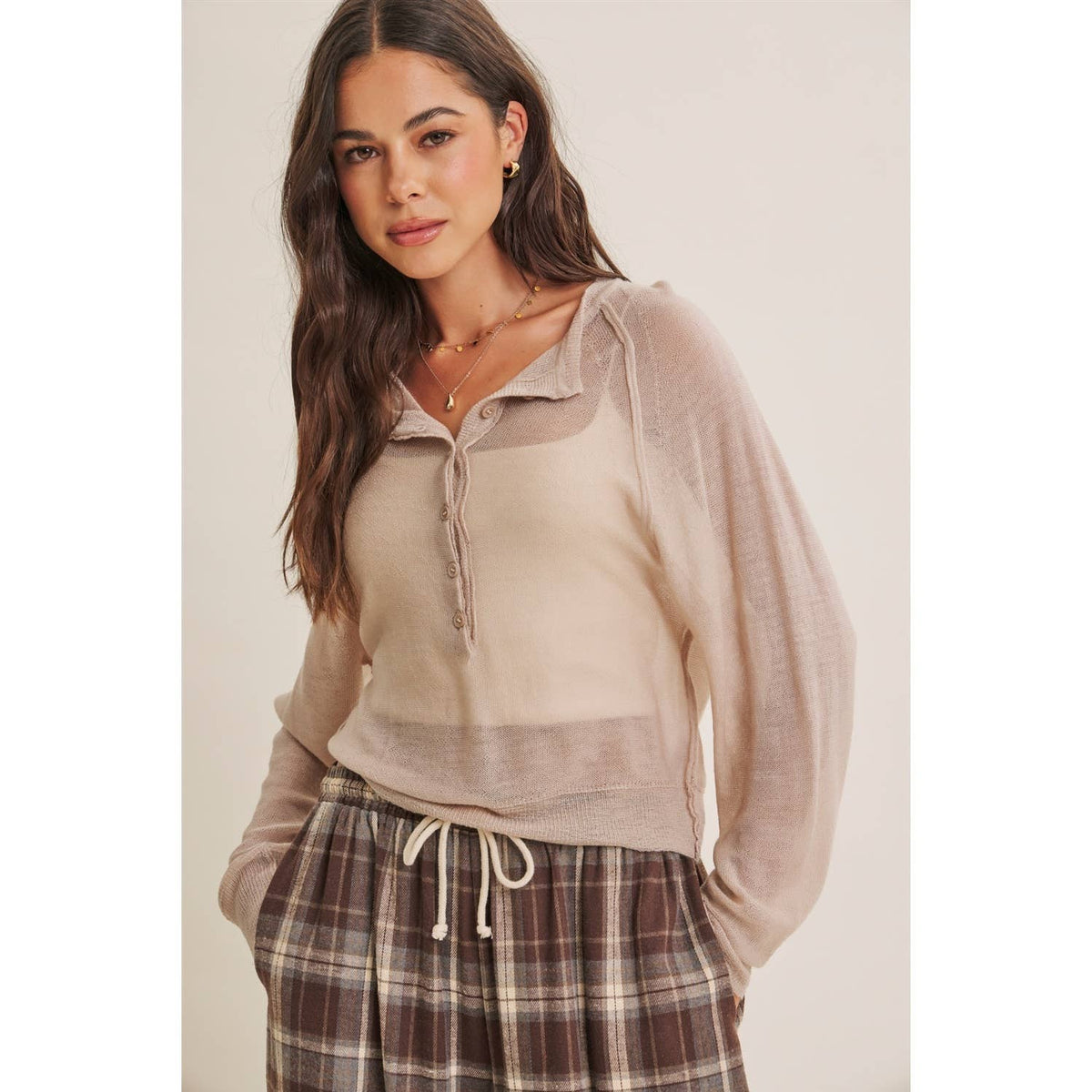 MORNING LAYER AIRY WOOL BLEND SHEER HENLEY SWEATER TOP