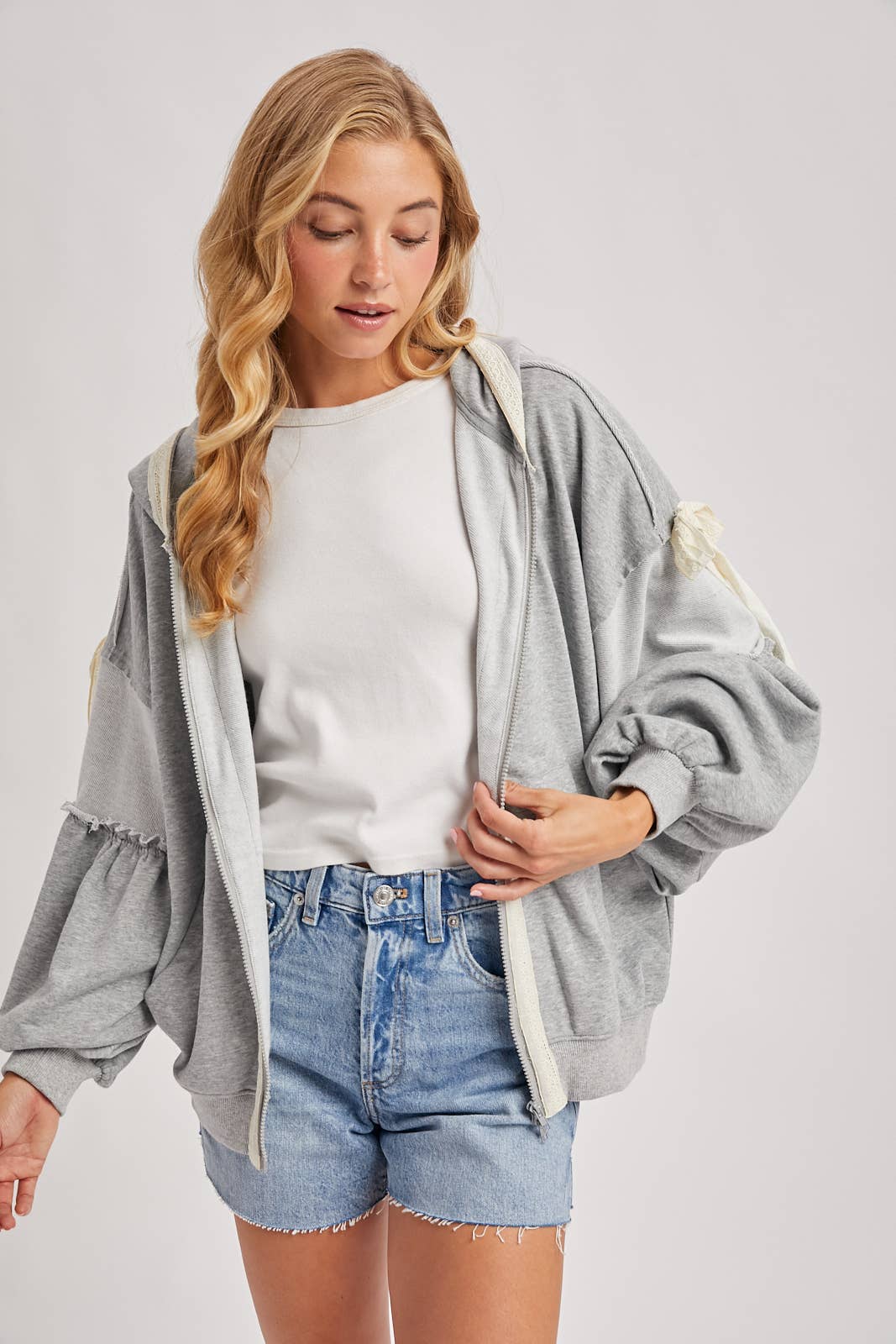 BALLOON SLEEVE LACE TRIMMED ZIPPER FRONT HOODIE OUTERWEAR