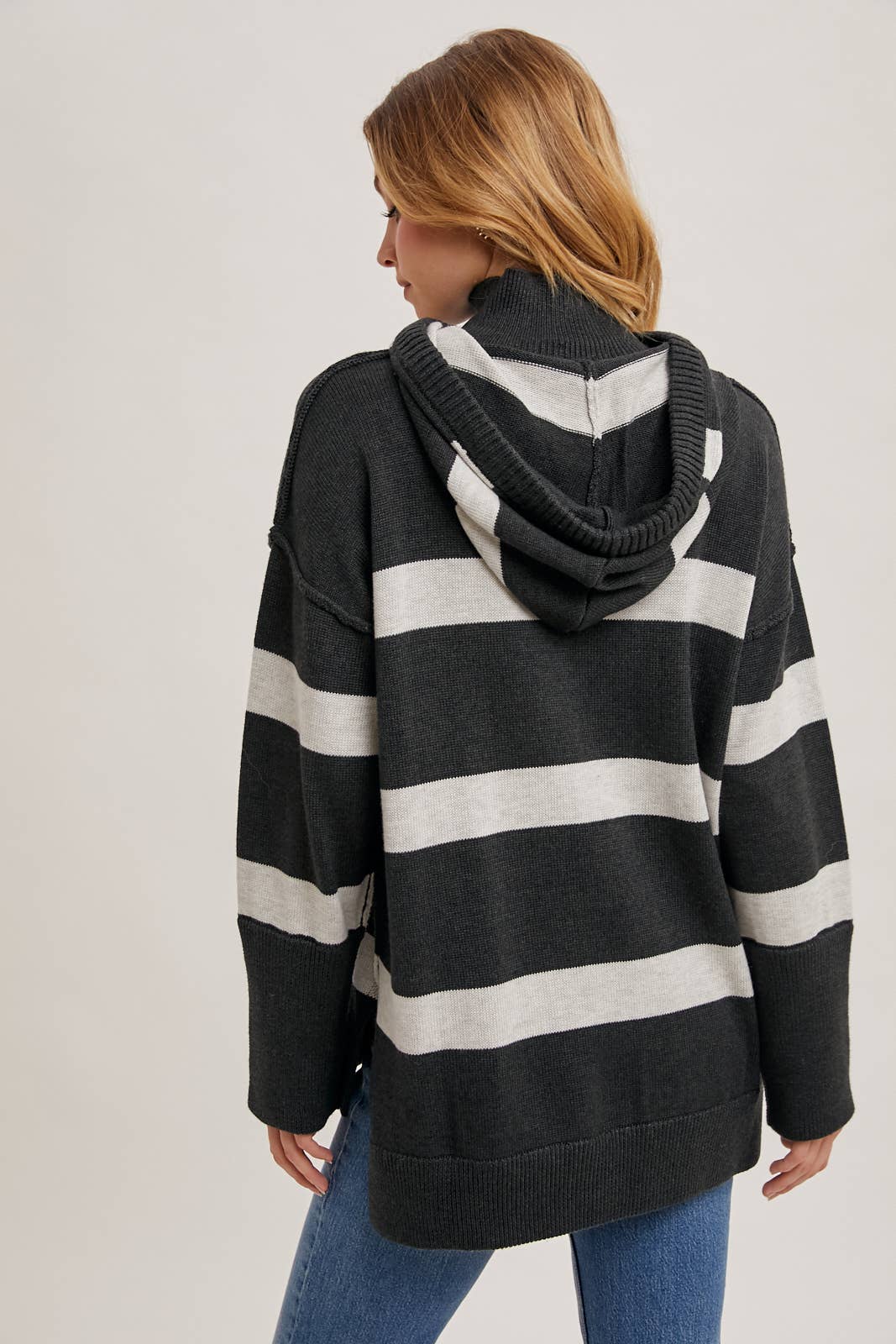 MOCK NECK STRIPED HOODED KNIT SWEATER