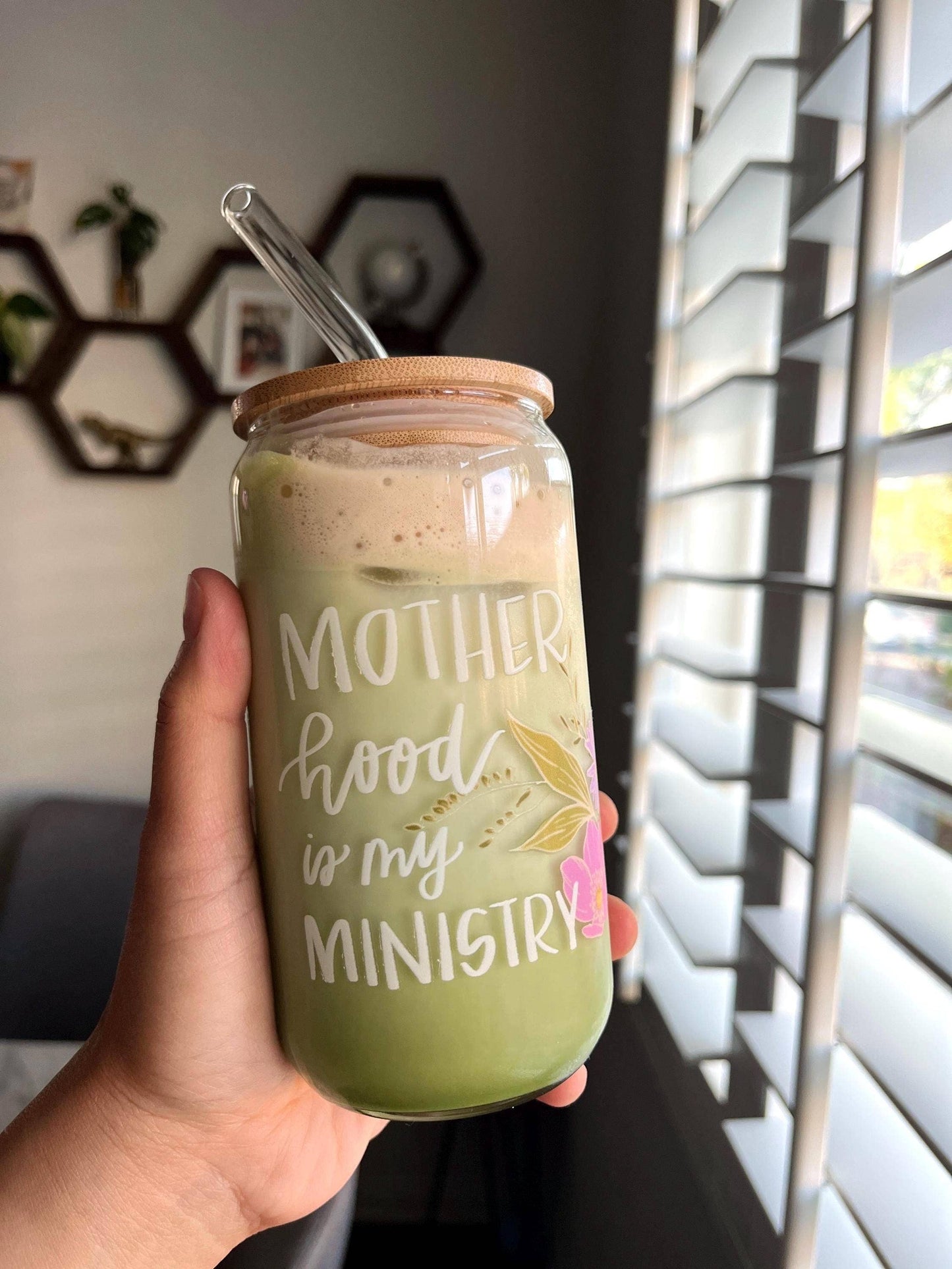 Motherhood is my Ministry Christian Glass Cup Lid & Straw