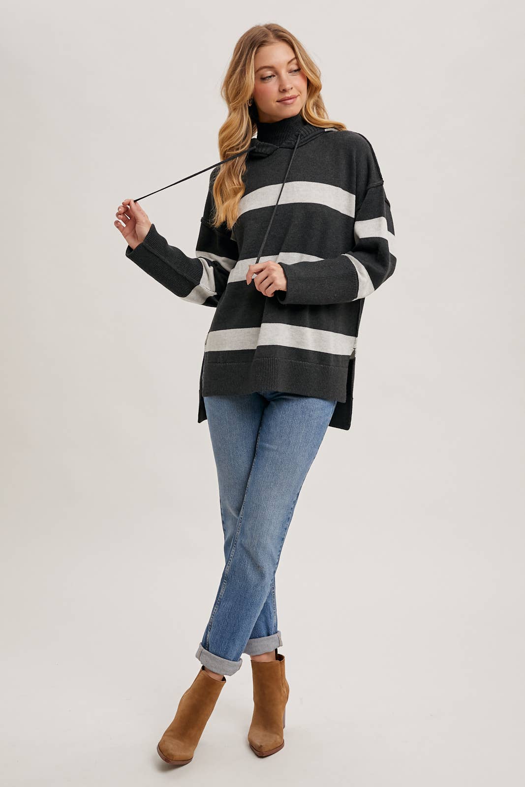 MOCK NECK STRIPED HOODED KNIT SWEATER