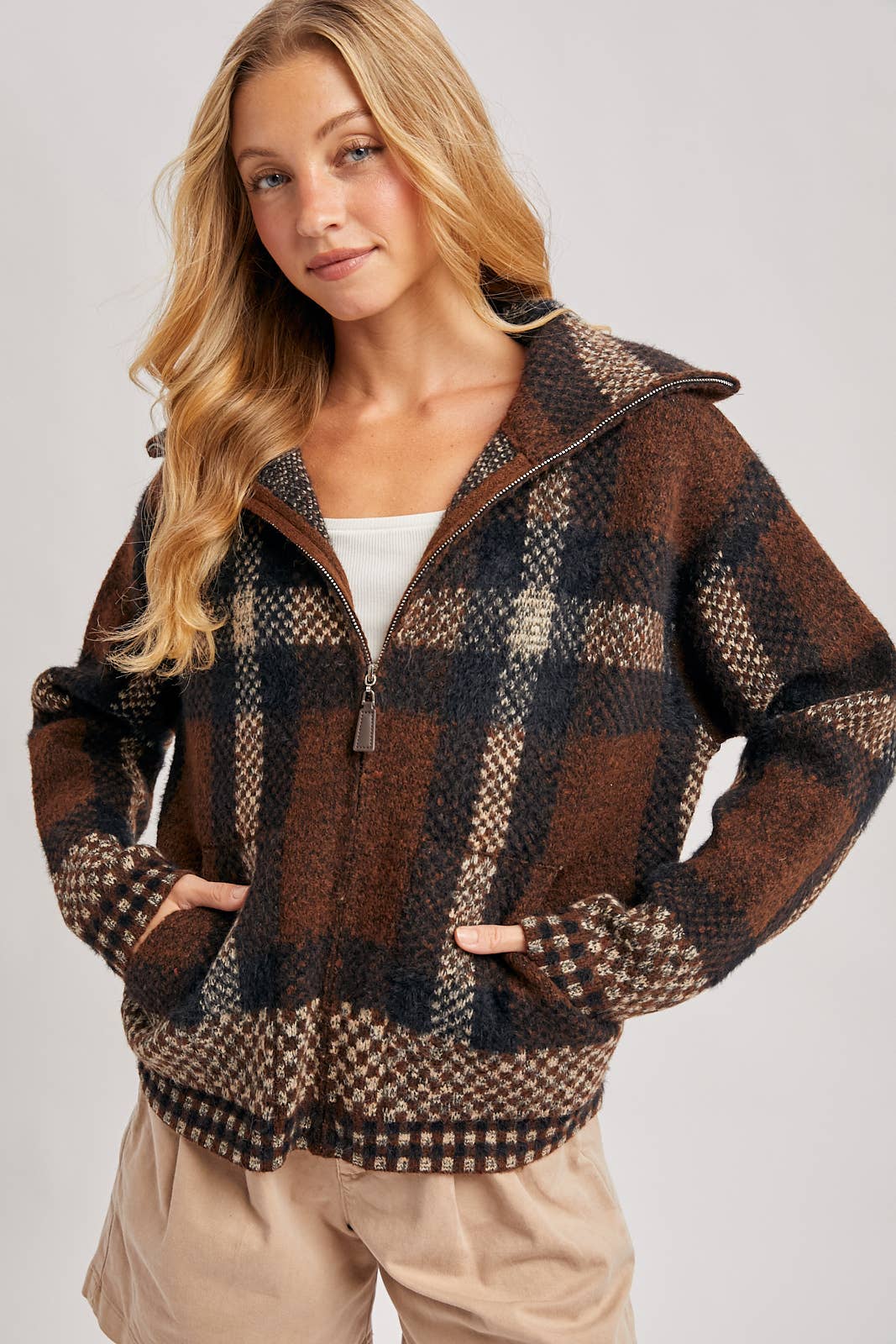 PLAID ZIPPER FRONT WIDE COLLAR FUZZY KNIT SWEATER JACKET