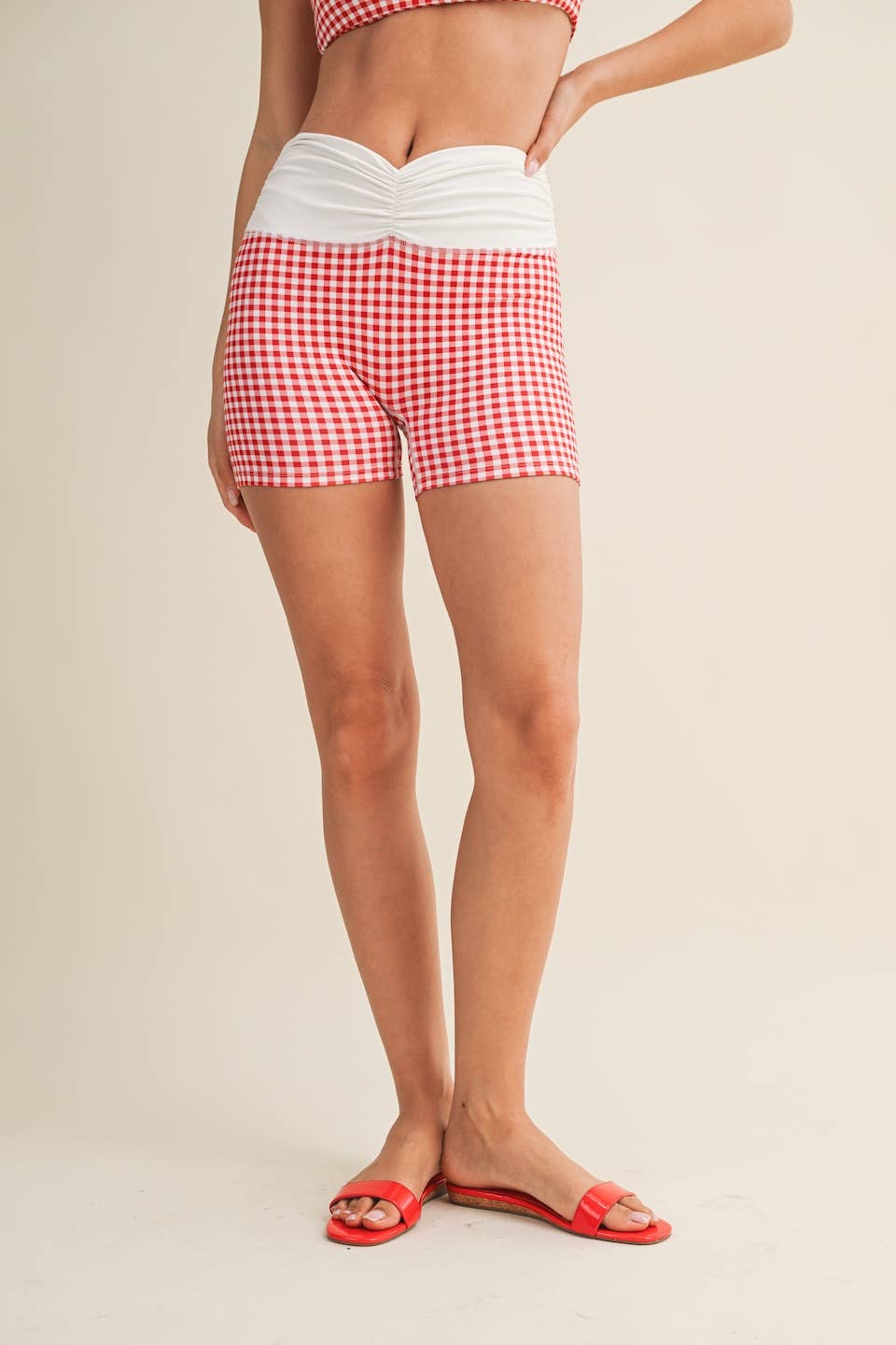Gingham Print Ruched Waistband Biker Shorts