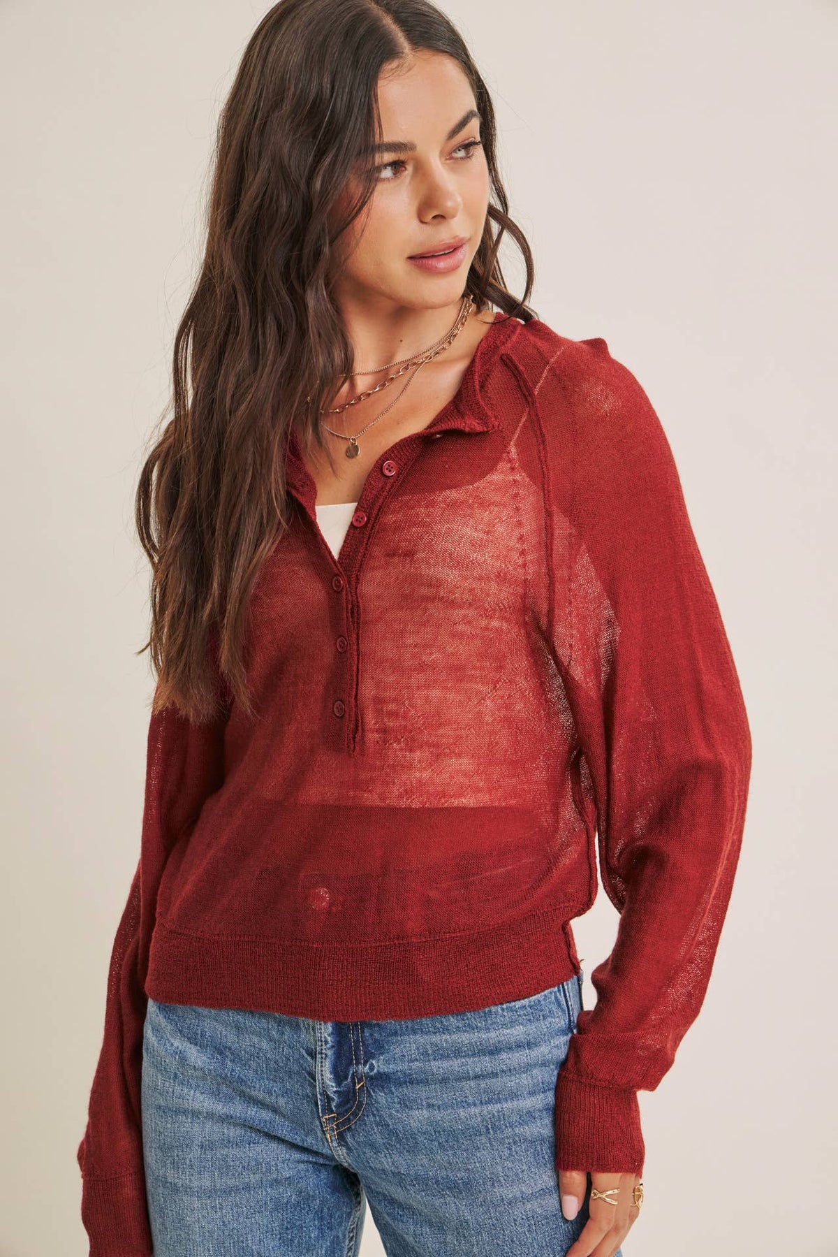 MORNING LAYER AIRY WOOL BLEND SHEER HENLEY SWEATER TOP