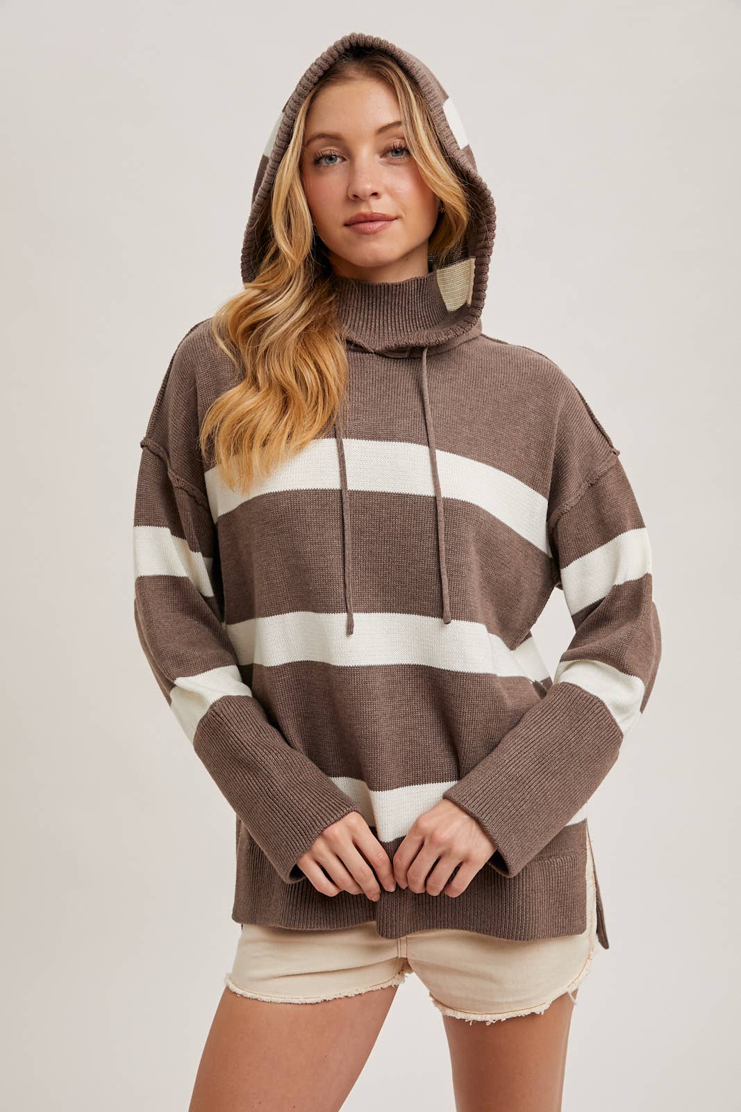 MOCK NECK STRIPED HOODED KNIT SWEATER
