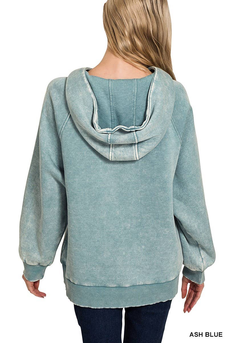 Acid Wash Fleece Oversized 1/4 Zip Kangaroo Hoodie