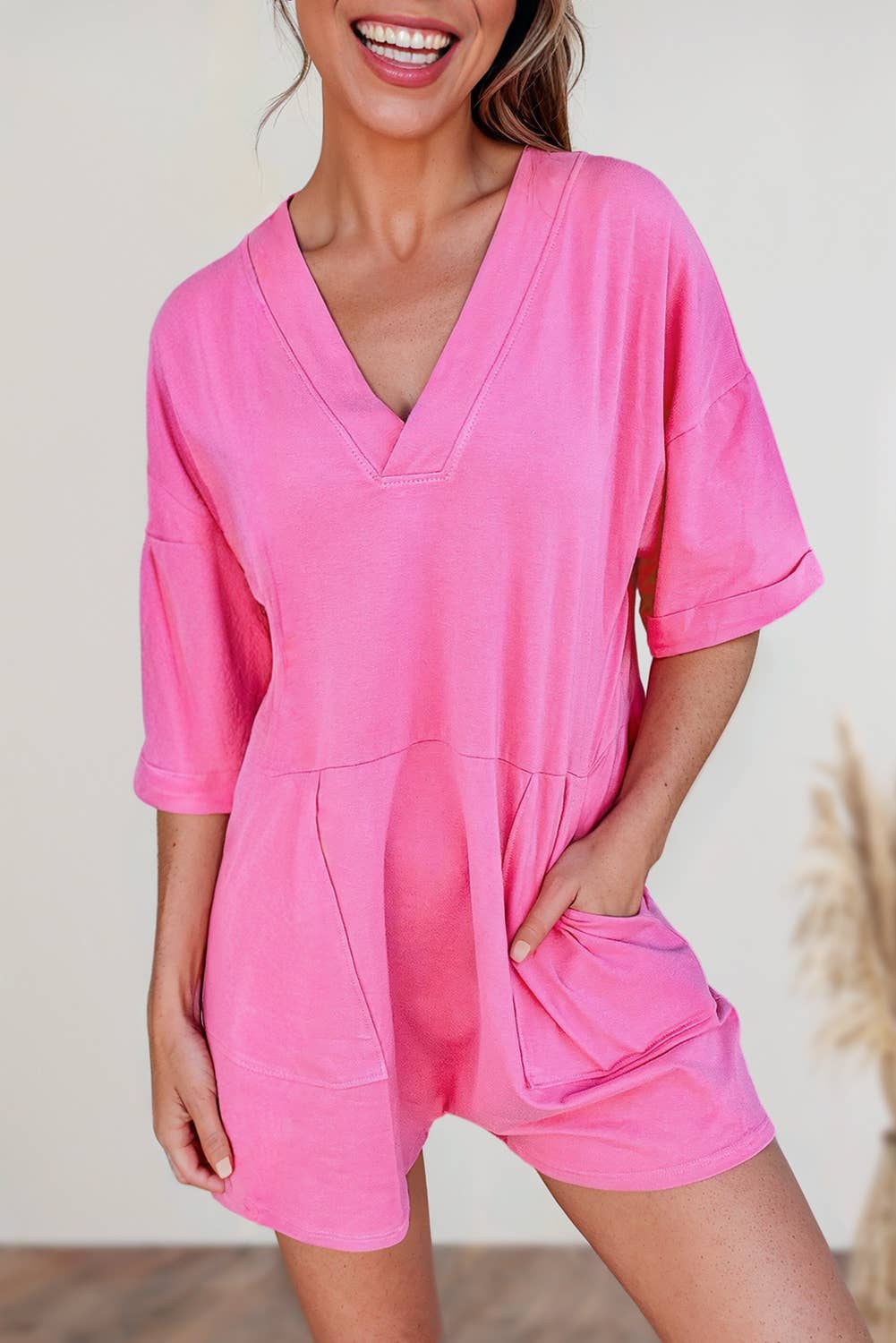 Solid Half Sleeve V Neck Knit Casual Romper | S-XL